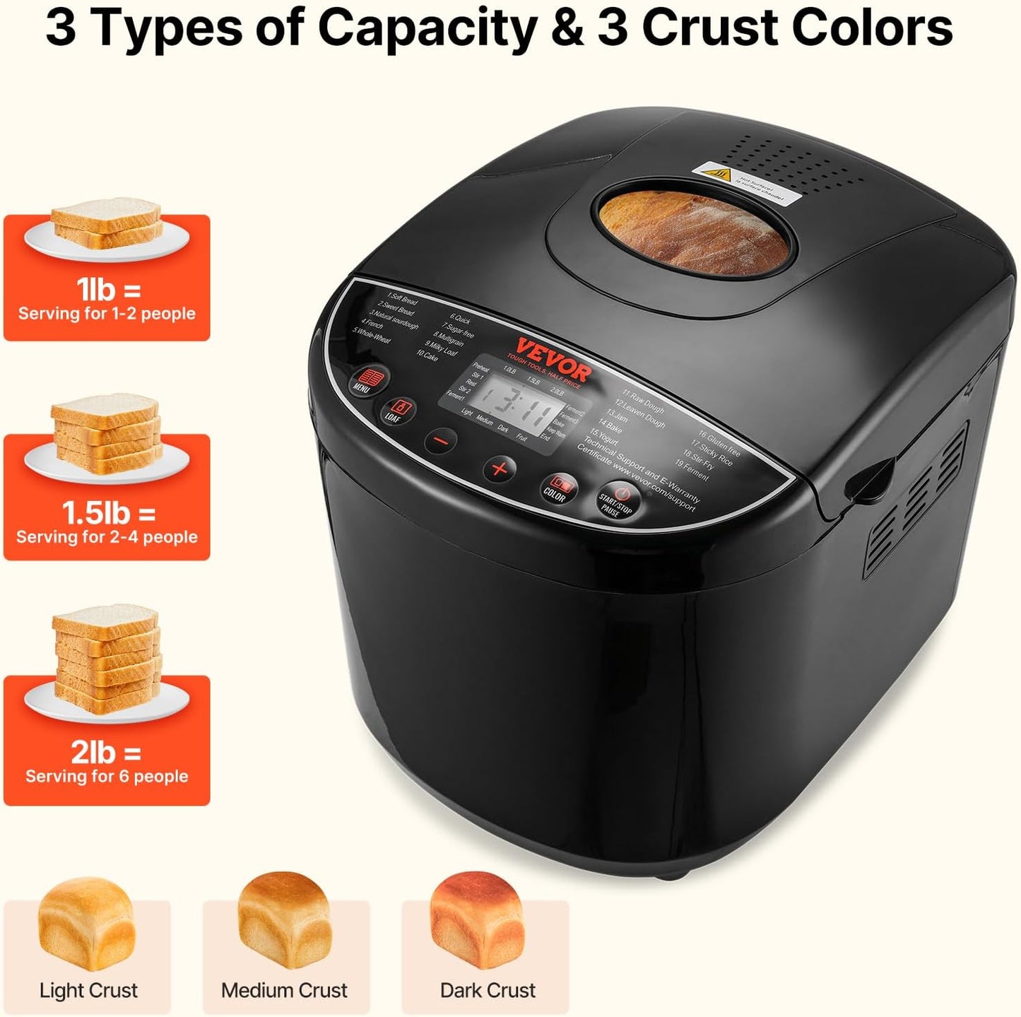 VEVOR Bread Maker, 19-in-1 2LB Dough Machine, Nonstick Ceramic Pan Automatic Breadmaker with Gluten Free Setting, Whole Wheat Bread Making, Digital, Programmable, 3 Loaf Sizes, 3 Crust Colors