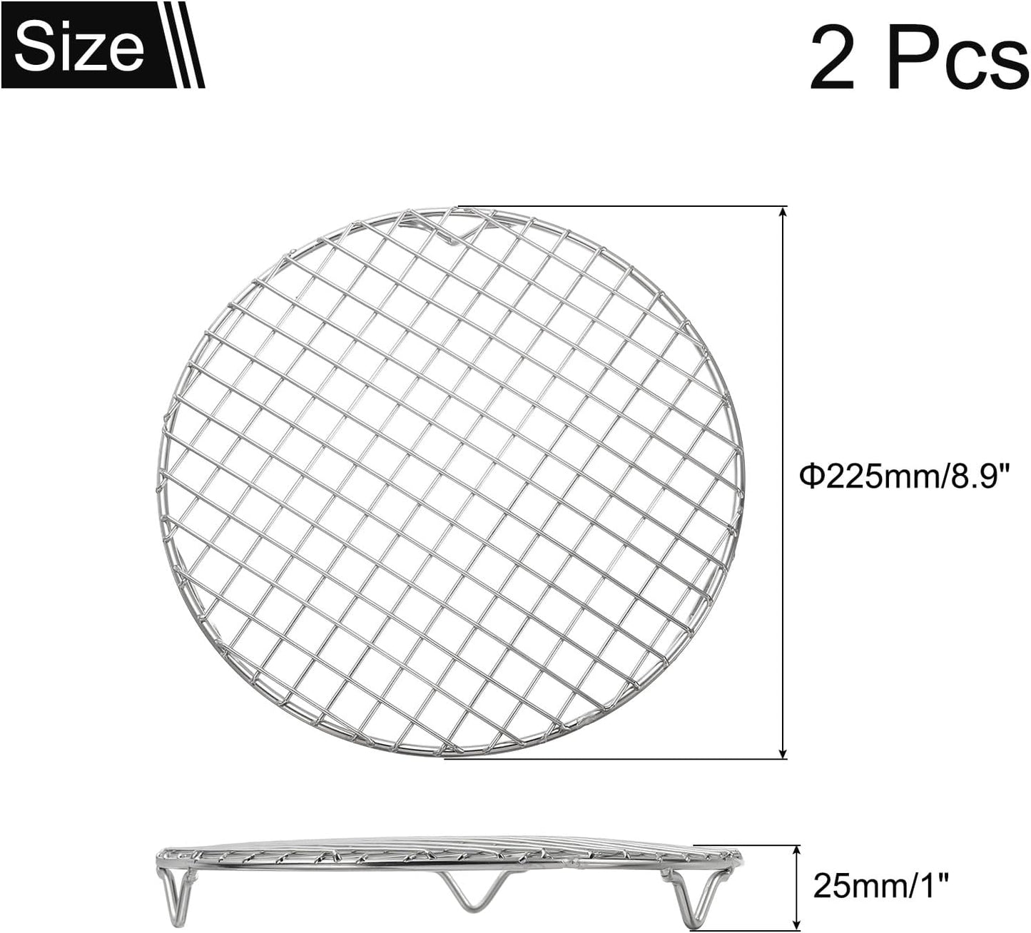 uxcell 2 Pcs Round Cooking Rack with Legs, Dia 8.9 Inch 304 Stainless Steel Barbecue Grill for Cooking Baking Barbecue Air Fryer Racks, Silver