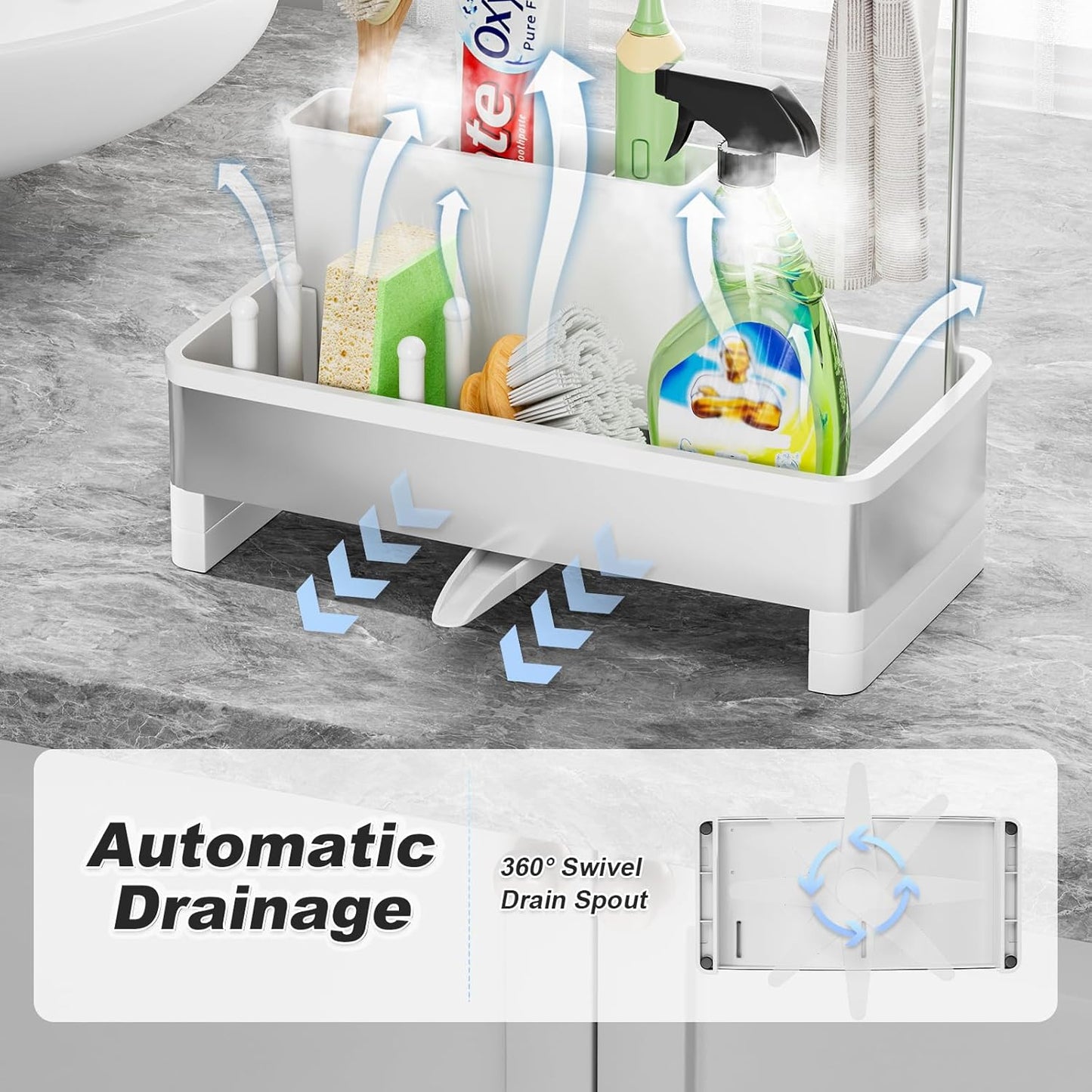 Stainless Steel Sink Caddy, Sponge Holder for Kitchen Sink with Brush Holder & Dishcloth Rack, Rustproof Sink Organizer Countertop, Kitchen Organizers Storage Essentials (E-White)