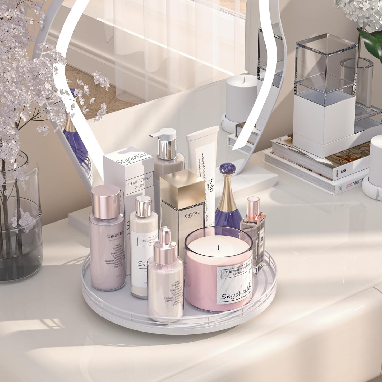 12" Oak Wood Bathroom Tray for Counter, Vanity Tray for Perfume Lotion Candle Makeup Jewelry Sink Soap Holder Turntable Dresser Organizer Countertop Coffee Table Decor Organization and Storage White