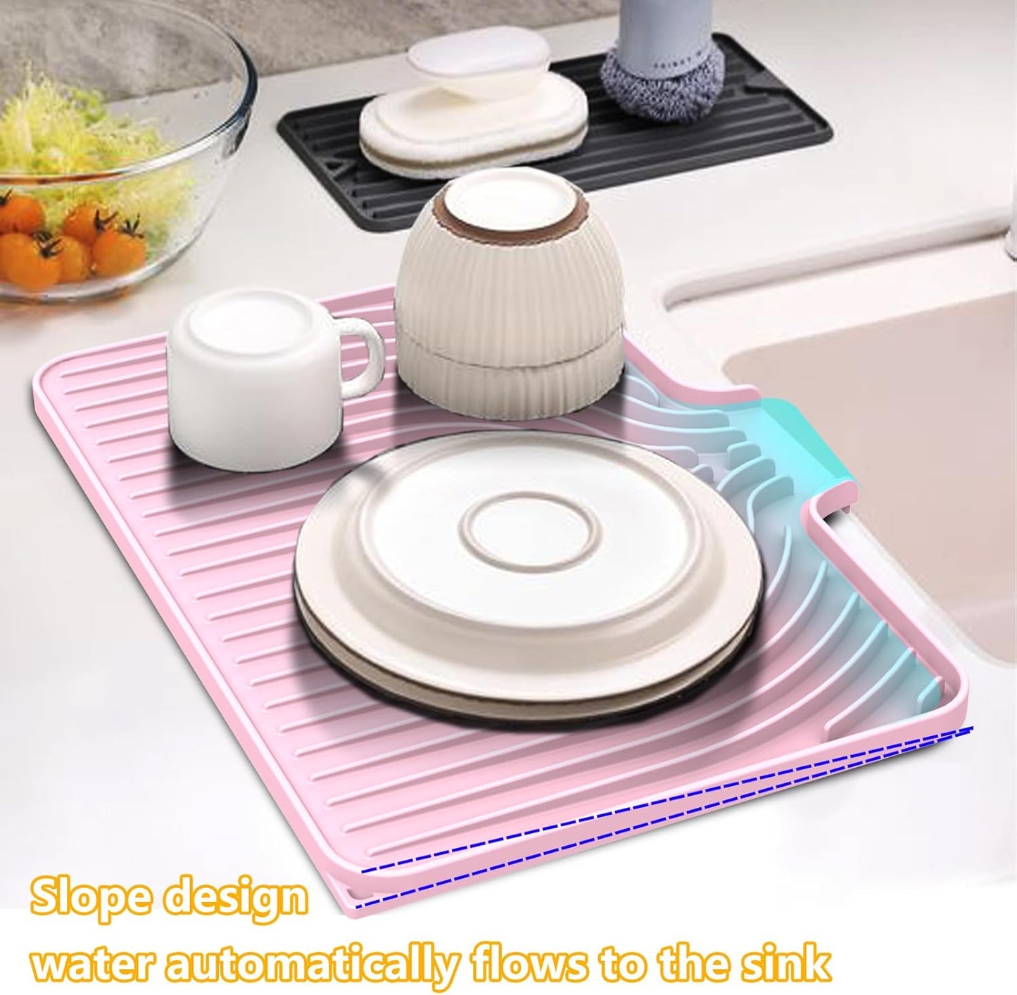 Silicone Drying Mat for Kitchen Counter, 18"×12" Silicone Dish Drying Mat with Board Drain,Rubber Kitchen Counter Dry Matt for Dishes Drying Rack(pink)