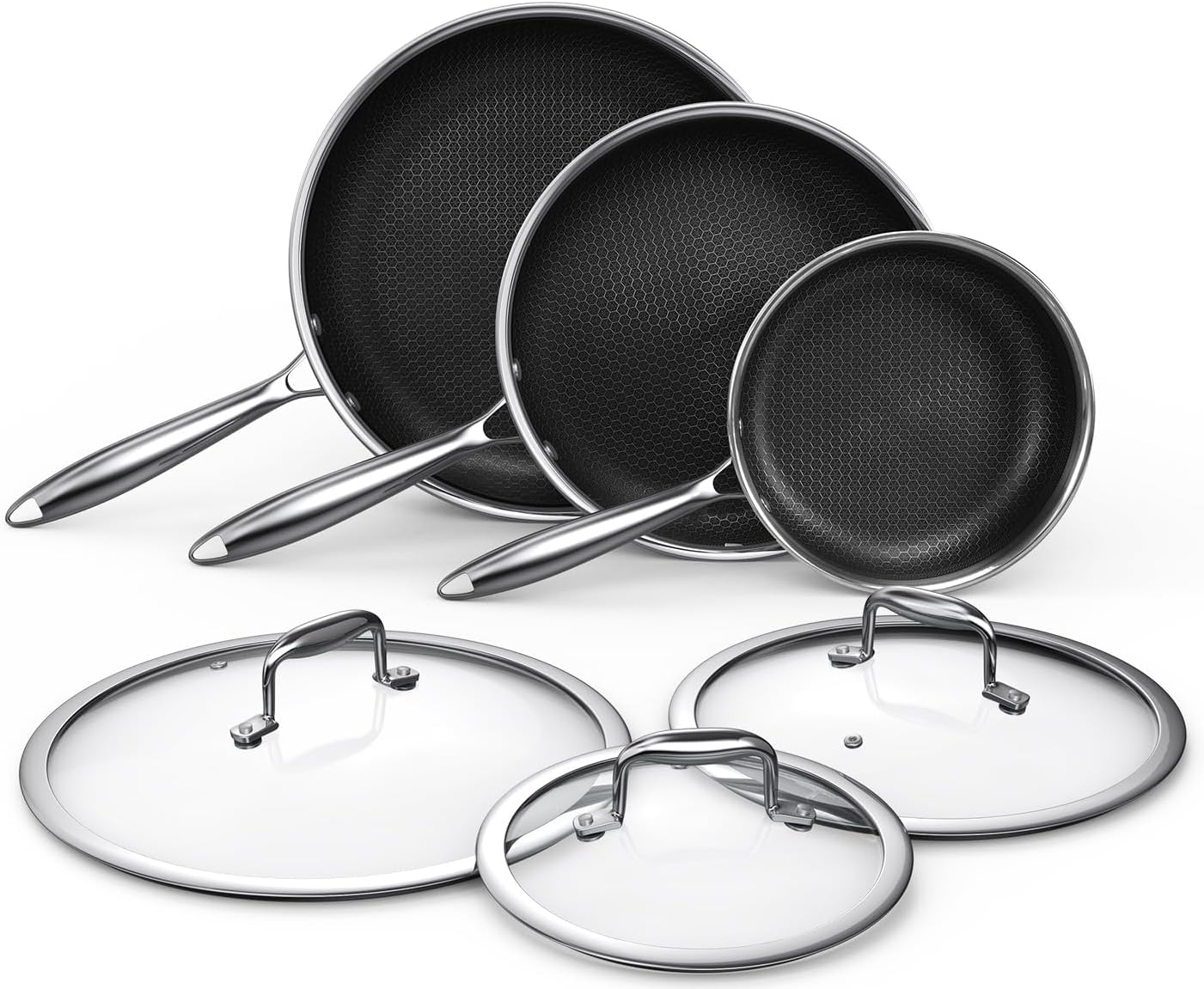 MOMOSTAR Hybrid Nonstick 6-Piece Frying Pan Set, 8, 10 and 12-Inch Cookware Sets with Tempered Glass Lids, Dishwasher & Oven Safe, Induction Ready, Compatible with All Cooktops
