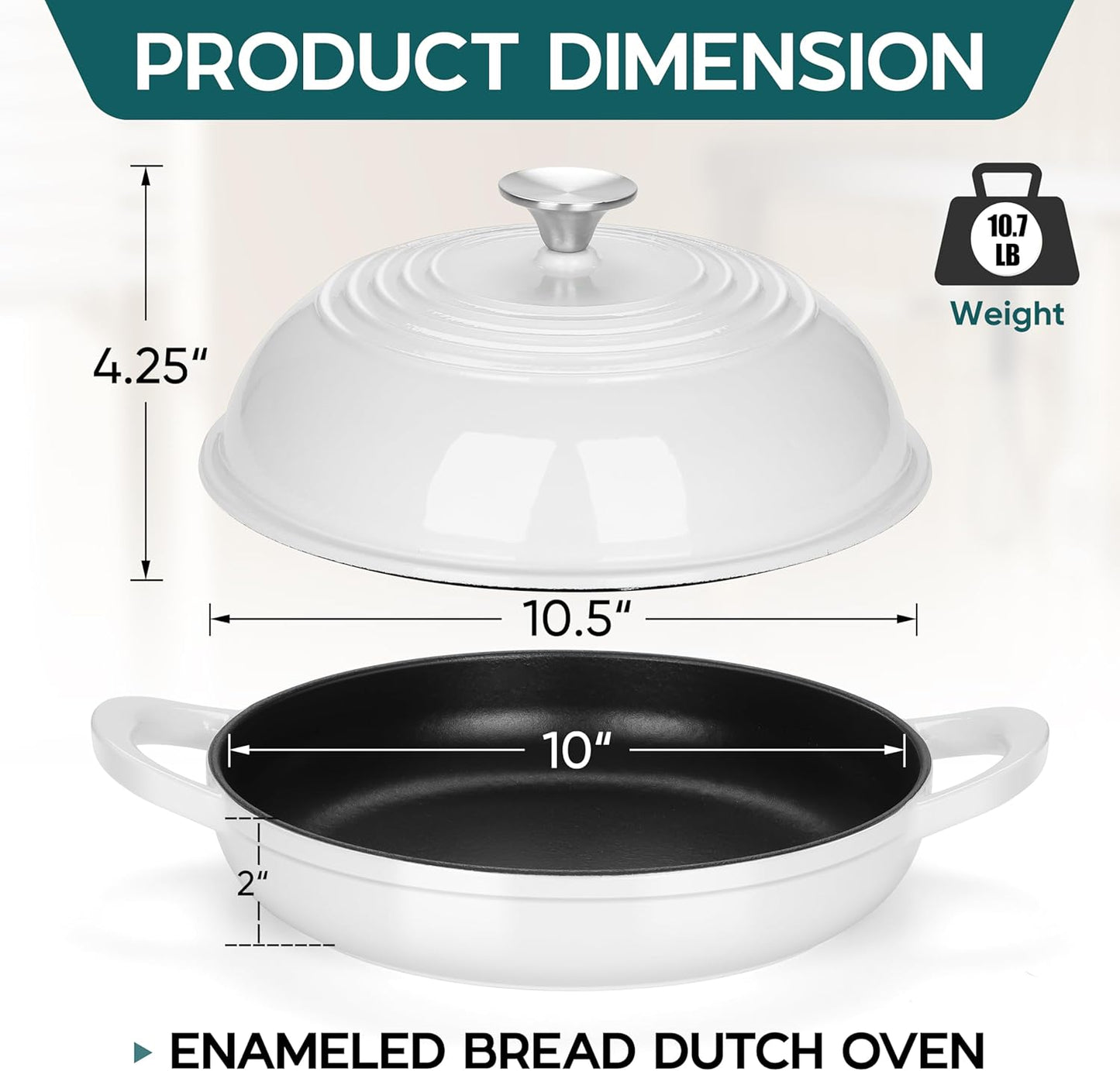 E-far Dutch Oven for Sourdough Bread Baking, 6 Qt Round Enameled Cast Iron Dutch Oven for Homemade Artisan Bread, Dome Lid & Shallow Base, Matte Black Interior & Durable, Oven-Safe to 500℉, White