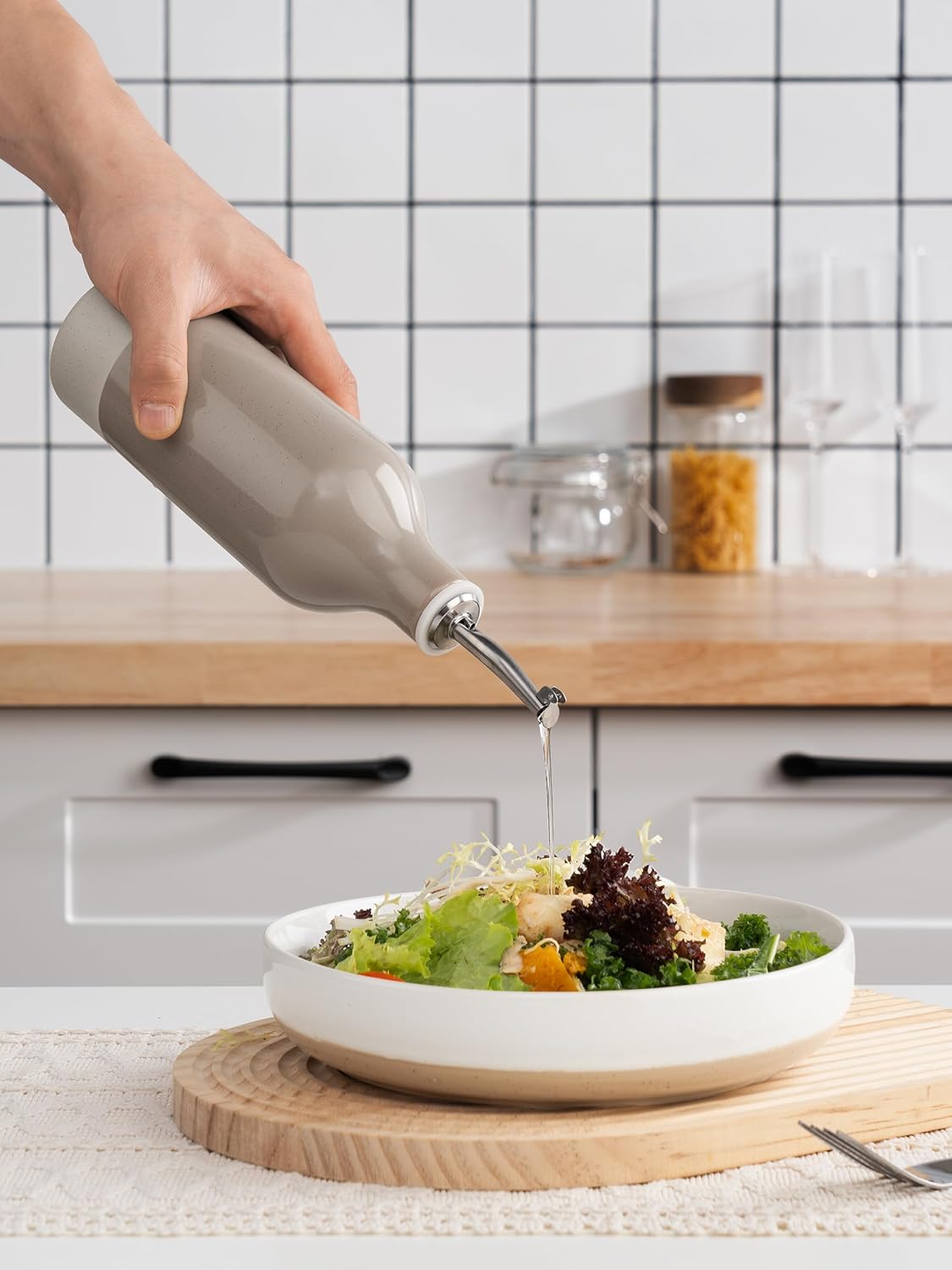 famiware Milkyway 16oz Ceramic Olive Oil Dispenser Bottle, Olive Oil and Vinegar Dispenser Bottle Set of 2 with Stainless Steel Pourers, Suitable for Storage Vinegar, Liquids, Dark Gray