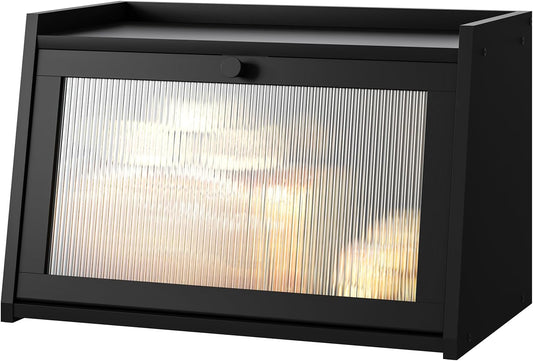 Bread Box for Kitchen Counter, Large Bamboo Bread Storage Container with Wavy Arcylic Door, Bamboo Wooden Farmhouse Bread Box for Your House (Black, Medium)