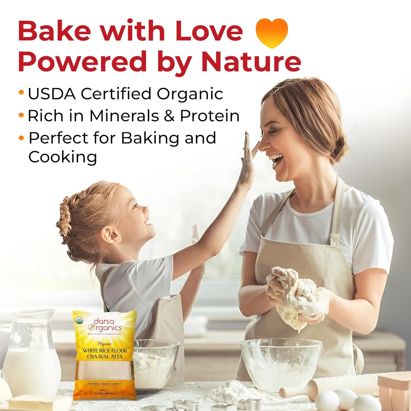 Darsa Organics White Rice Flour - Premium Organic, USDA Certified, Non-GMO, Gluten-Free Rice Powder for Baking & Cooking, Chemical-Free, Long Shelf Life, Food Grade Pouch - 2 lb (908g)