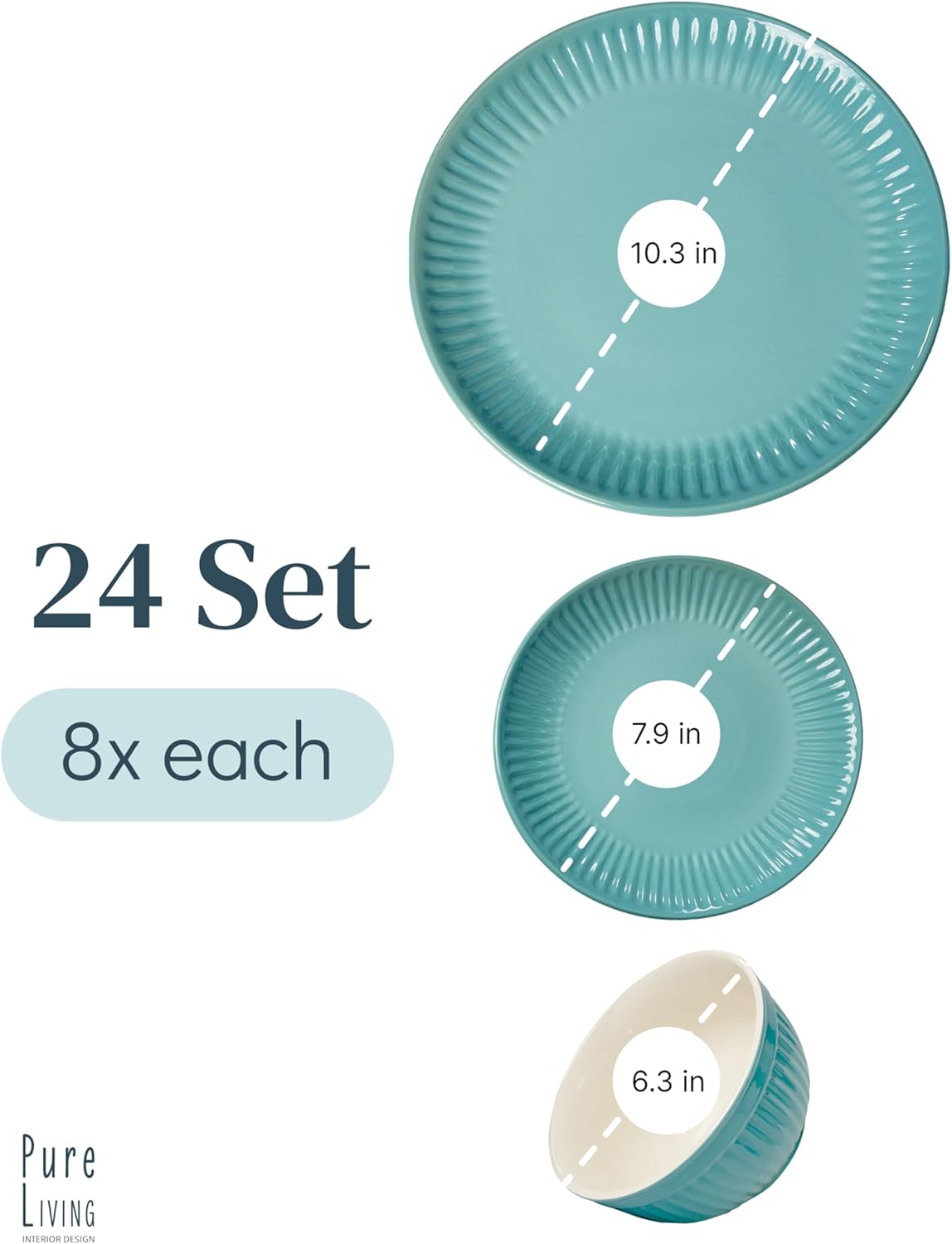 Stoneware Dinnerware Set for 8 People HYGGE 24-Piece - Elegant Scandi Design - Premium Dish Set - Bowl and Plate Set - Tableware for 8 People in a Ribbed Design - Pure Living in Green