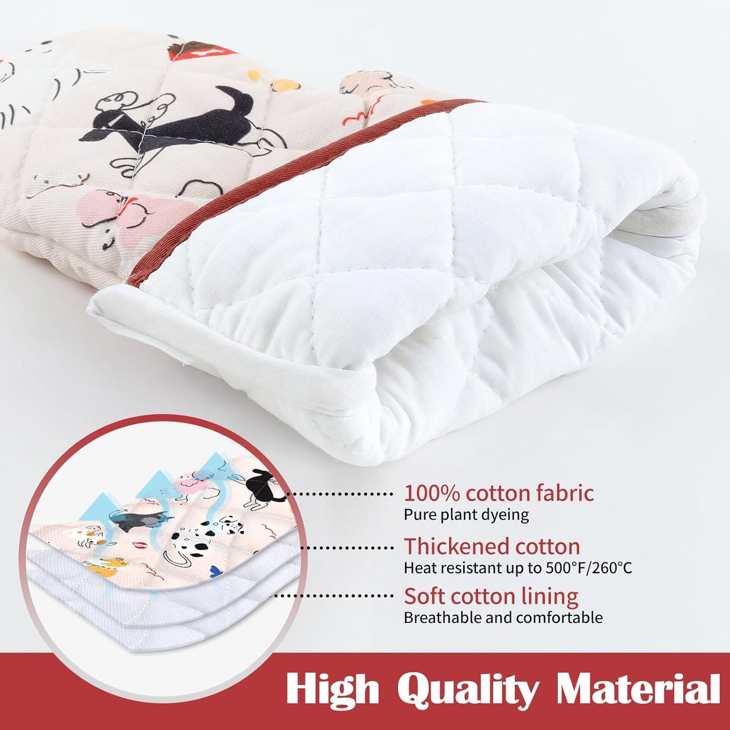 Dogs Oven Mitts and Pot Holders Sets 4Pcs, 100% Cotton Heat Resistant, Extra Long Oven Gloves Potholder for Kitchen Cooking Baking Decoration