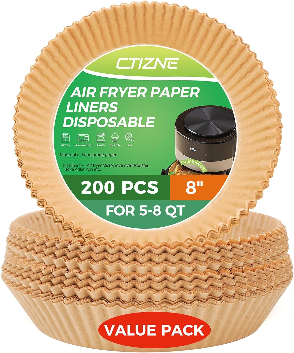 Ctizne Air Fryer Paper Liners Disposable, 200PCS 8inch Airfryer Oven Insert Parchment Paper Sheets Round, Non Stick Food Grade Baking Liner for 5Qt/6Qt/7Qt/8Qt Air Fryer Basket