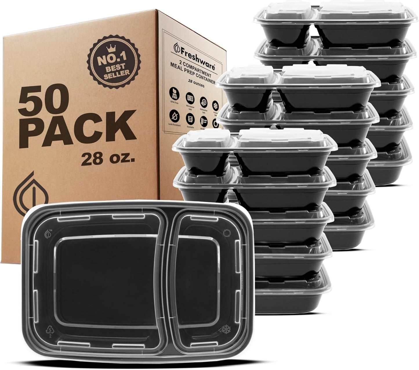 Freshware Meal Prep Containers [50 Count ] 2 Compartment with Lids, Food Storage Containers, Bento Box, BPA Free, Stackable, Microwave/Dishwasher/Freezer Safe (28 oz)
