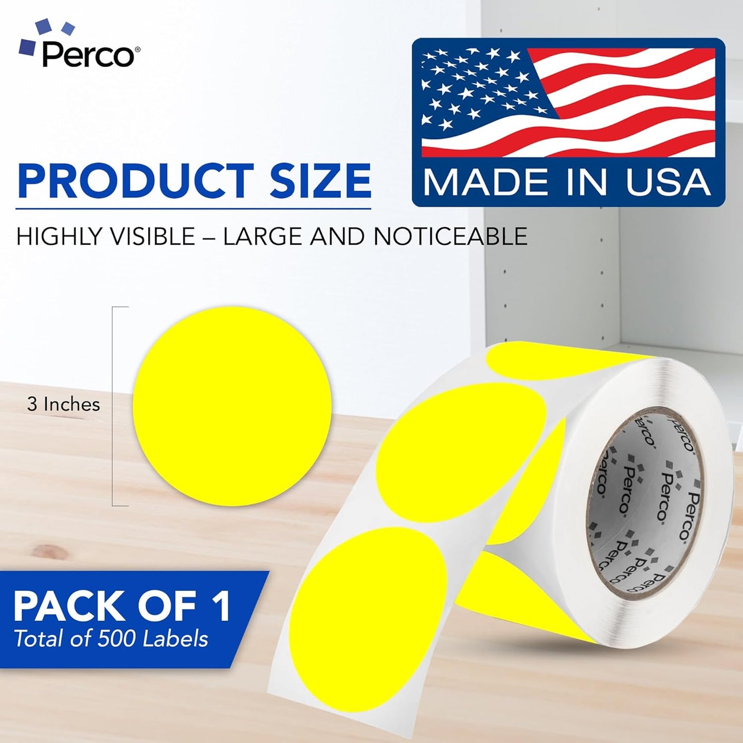 Perco Fluorescent Yellow 3-Inch Round Sticker Labels with Easy Peel Perforation - 500 Labels per Roll - Strong Adhesion, Vibrant Colors for Organizing, Crafting & More - Made in USA