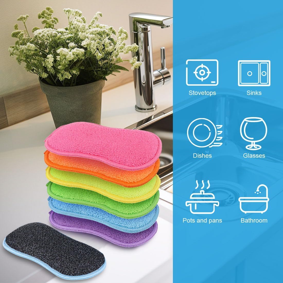HOMEXCEL 12 Pack Multi-Purpose Scrub Sponges Kitchen, Dish Sponge, Non-Scratch Microfiber Sponge for Efficiently Cleaning Dishes, Pots, and Pans (Multicolor)