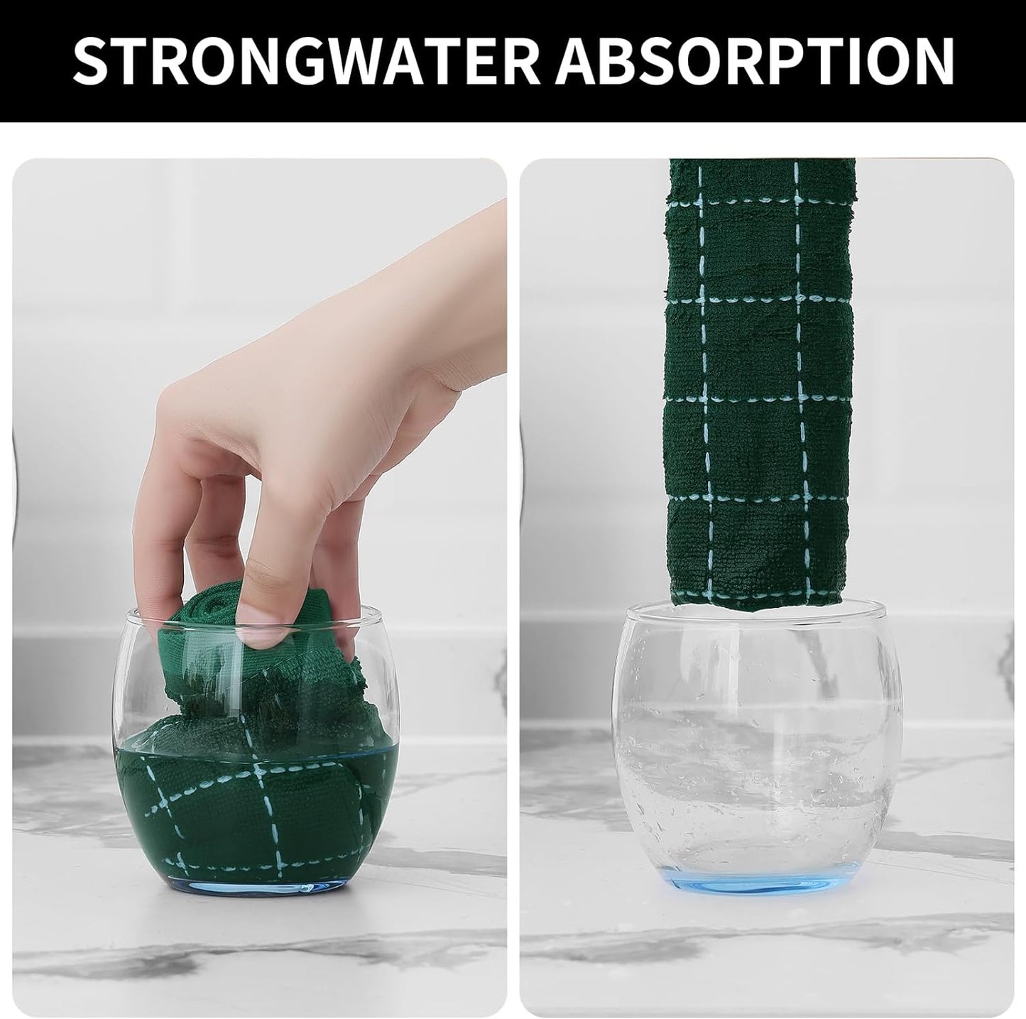 Homaxy 100% Cotton Terry Kitchen Towels(Dark Green, 13 x 28 inches), Checkered Designed, Soft and Super Absorbent Dish Towels, 4 Pack