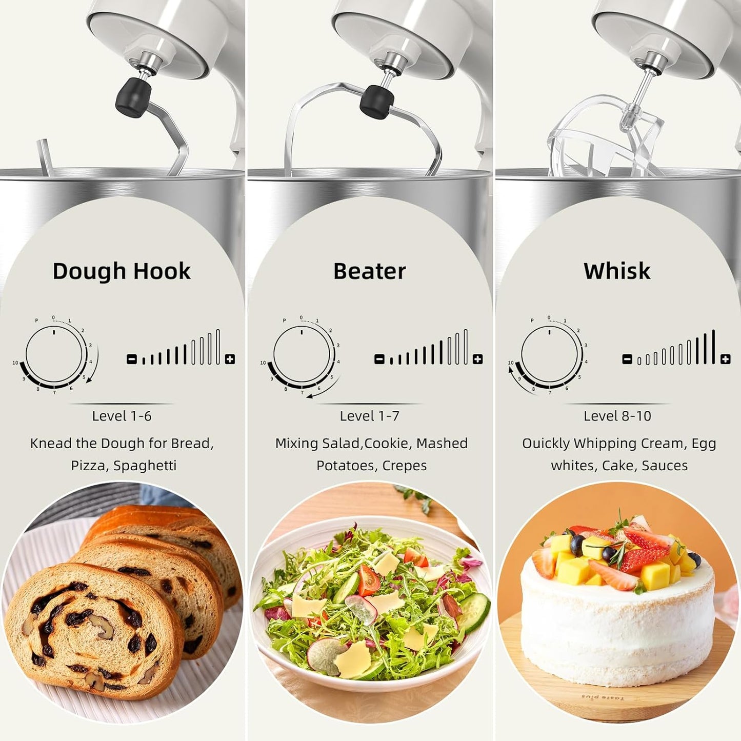 Electric Stand Mixer,10 Speeds Tilt-Head Food Mixer, 3-IN-1 Kitchen Mixer for Daily Cooks with 6.5 QT Bowl,Dough Hook, Beater, Whisk (Almond Cream)