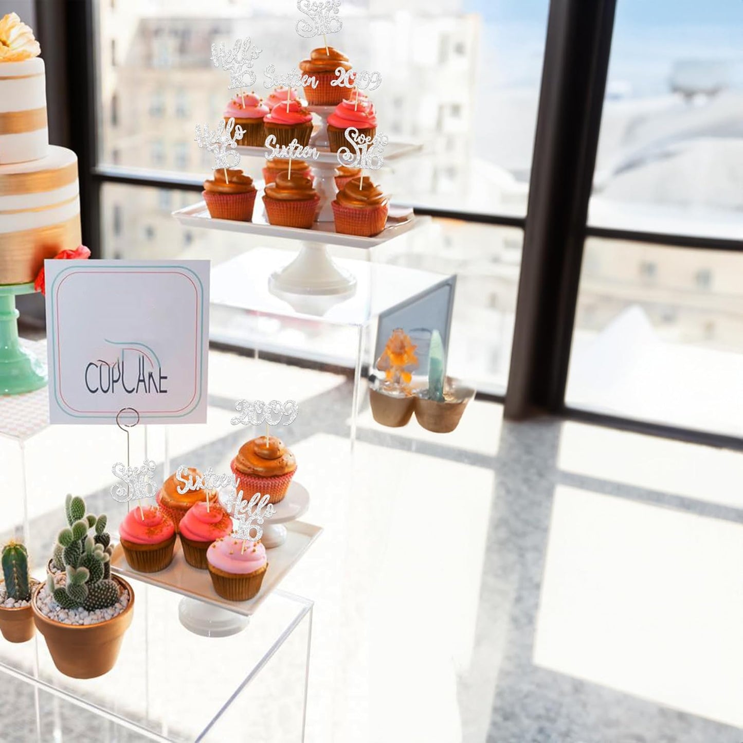 Gyufise 24Pcs 16th Birthday Cupcake Toppers Silver Glitter Hello 16 Sweet 16 Cupcake Picks 2009 16th Birthday Cake Decorations for Celebrating 16th Birthday Anniversary Party Supplies