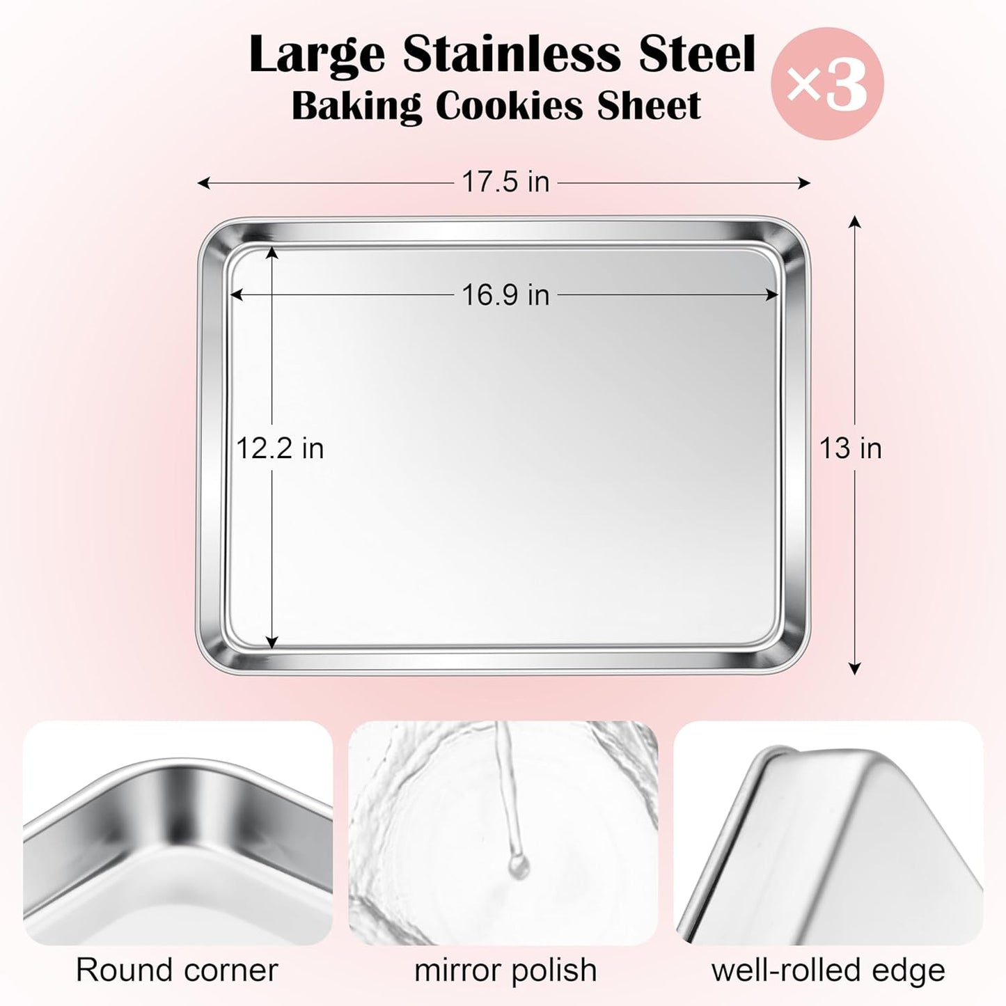 E-far Cookie Sheets Set of 3, 18”x13” Stainless Steel Baking Sheet Pans for Oven, Large Non Toxic Metal Baking Tray for Baking Roasting, Healthy & Rust Free, Mirror Finish & Dishwasher Safe
