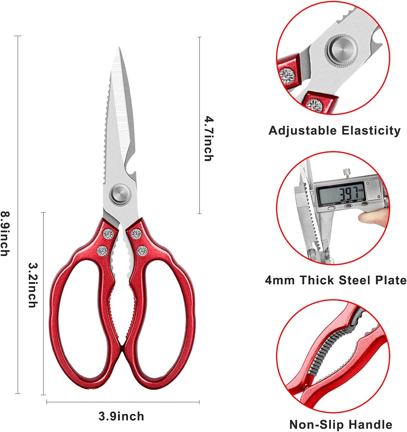 Heavy Duty Sharp Kitchen Scissors, Dishwasher Safe, Cooking Shears for Meat, Chicken, Fish, Poultry, Herb, Bread (Red)