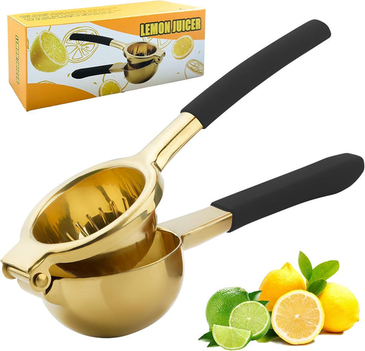 SHIKORI Gold & Black Heavy Duty Lemon Squeezer, 304 Stainless Steel Manual Citrus Press Juicer, 15% More Juice, Easy to Clean