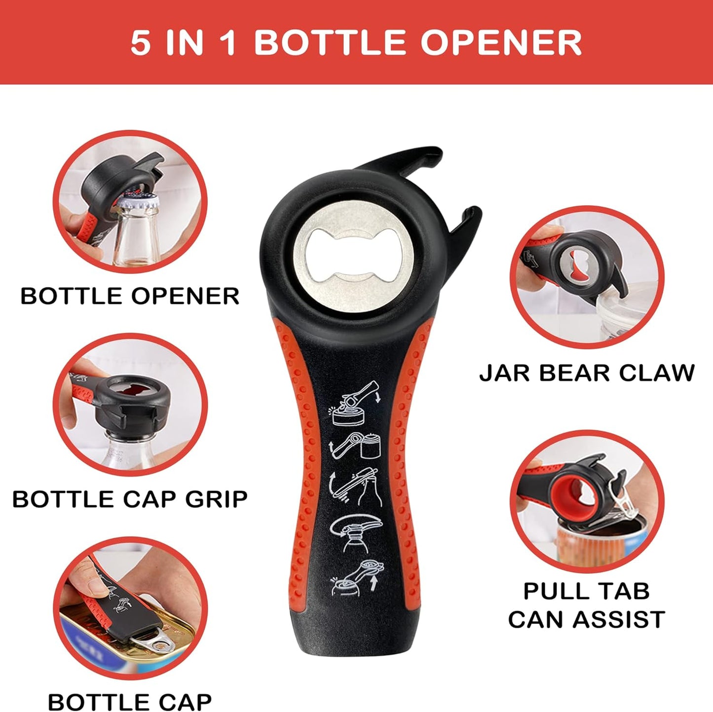 Jar Opener for Weak Hands, Seniors with Arthritis, 5 in 1 Multi Function Bottle Opener Lid Opener For Arthritic Hands with Non Slip Rubber Jar opener Gripper Pad