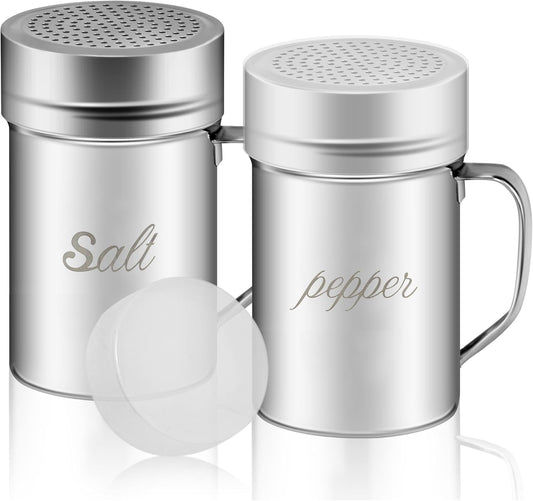 Stainless Steel Salt and Pepper Shakers Set, 14 OZ Seasoning Spice Shaker with Lid and Handle 127 Holes, Metal Dredge Shaker for Powder Sugar Cooking Kitchen Baking (2 Pieces)