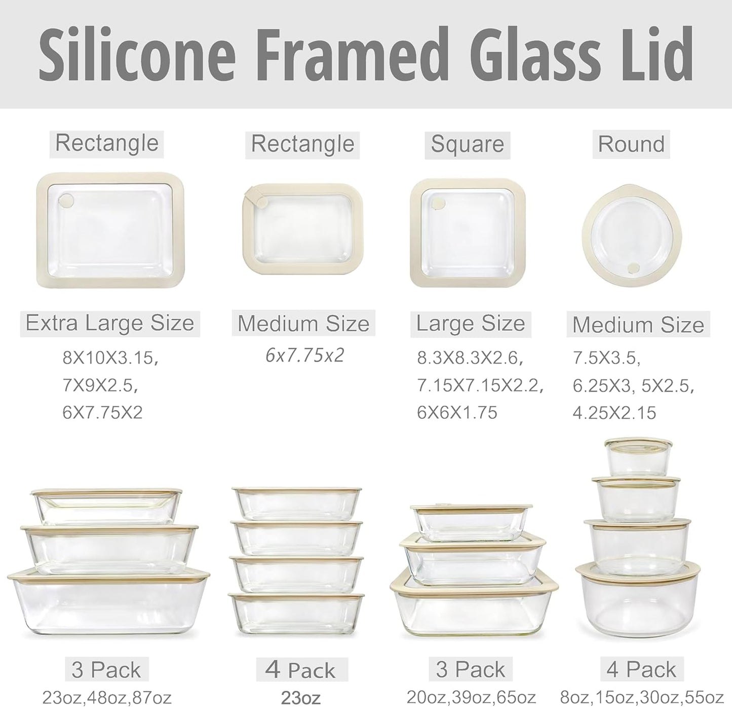 Urban Green Glass Food Container Set with Silicone Glass Lid, Large Size 3 Pack, Meal Prep Food Storage Containers with Airtight Lids, Leakproof, 100% Plastic Free, White color