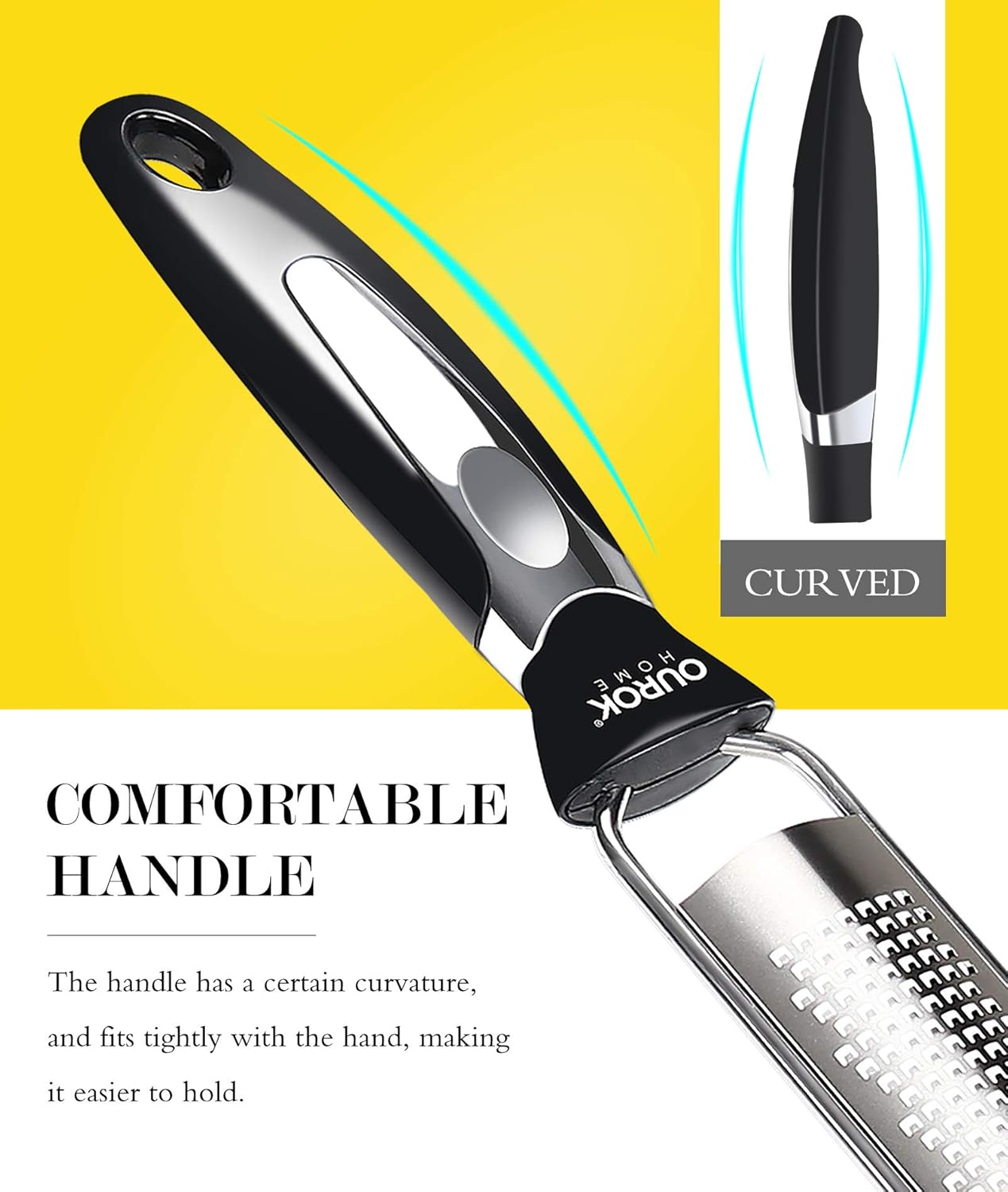 Ourokhome Kitchen Lemon Zester, Stainless Steel Hand Held Parmesan Cheese Grater for Ginger, Chocolate, Coconut, Lime, Nutmeg, Citrus, Fruit, Vegetable with Cleaning Brush, Dishwasher safe, Black