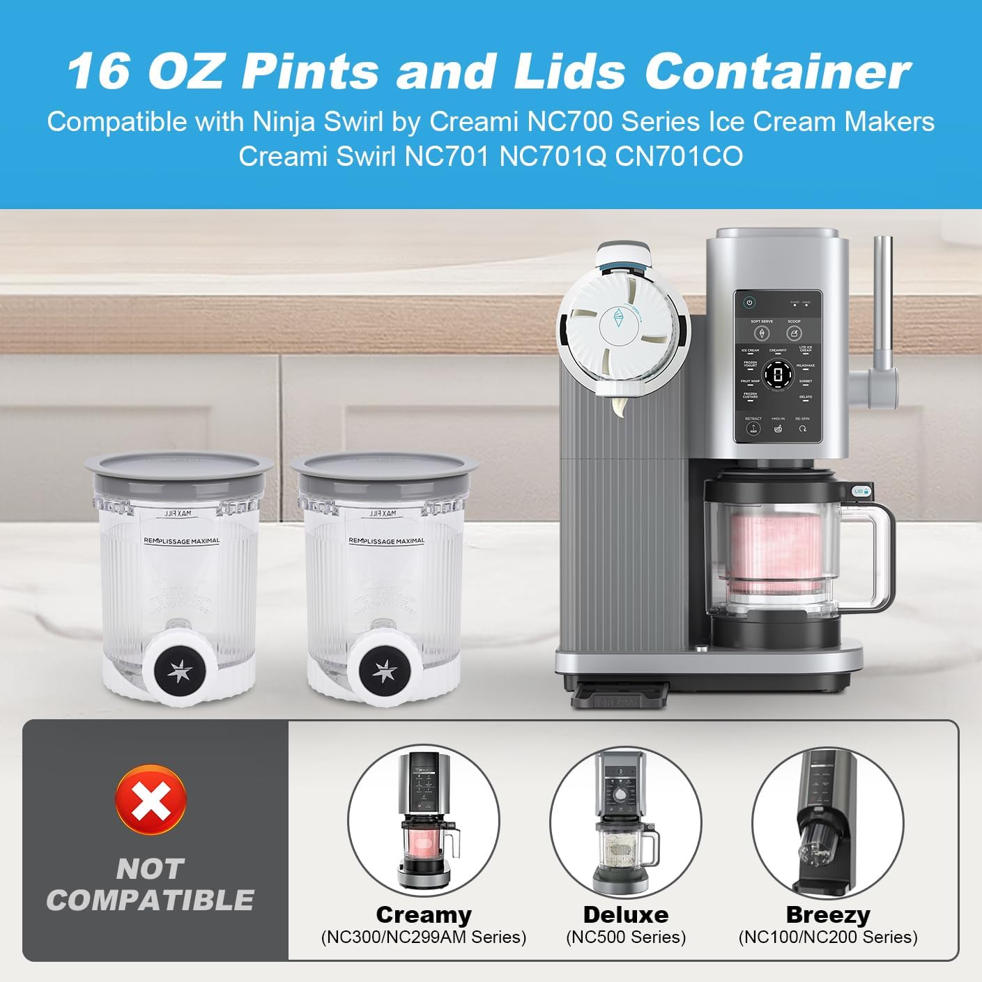 2 Pack creami swirl pints and Lids - for Ninja NC700 NC701 Series, Compatible with Ninja Swirl Ice Cream & Soft Serve Makers, ninja creami container Dishwasher Safe & BPA-Free