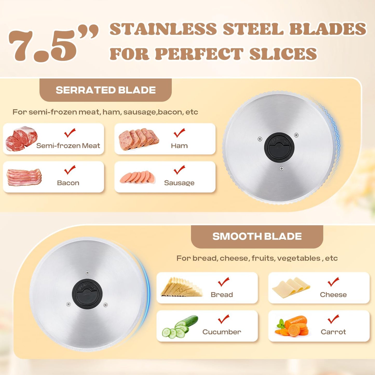 Moongiantgo Meat Slicer 200W With 2 Removable 7.5’’ Stainless Steel Blades, Deli Food Slicer 0-15MM Thickness Adjustable, Child Lock Protection, Meat Fruit Cheese Bread Slicer Machine, 110V