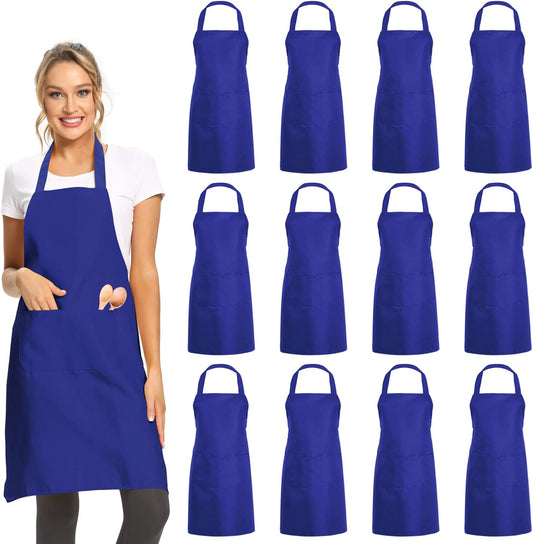 DUSKCOVE 12 Pack Plain Bib Aprons with 2 Pockets - Blue Unisex Commercial Apron Bulk for Kitchen Cooking Restaurant BBQ Painting Crafting