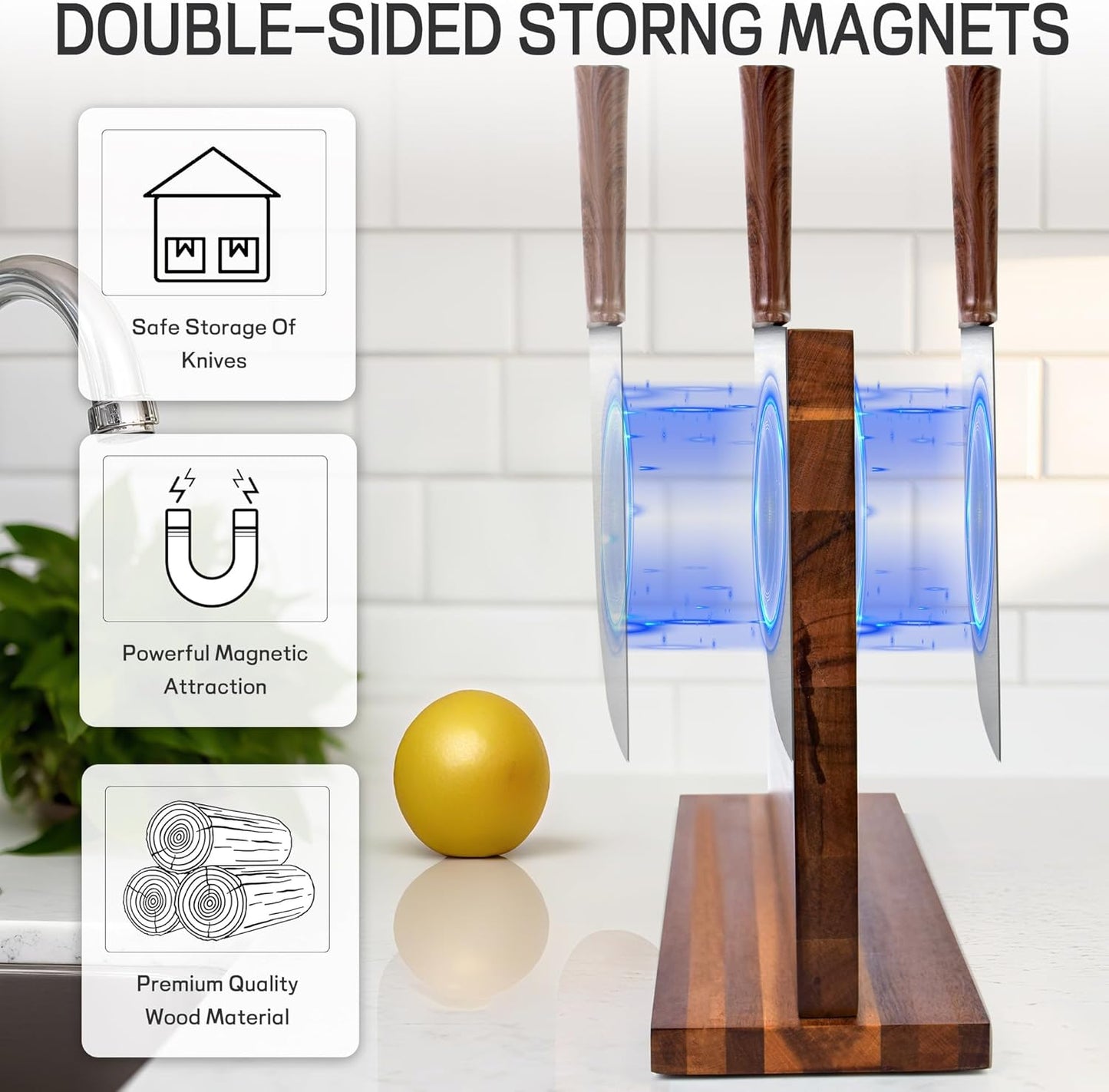 Home Kitchen Magnetic Knife Block，Double Sided Magnetic Knife Holder Rack for Kitchen Counter，Acacia Wood with Strong Enhanced Magnets Knife Storage Stand