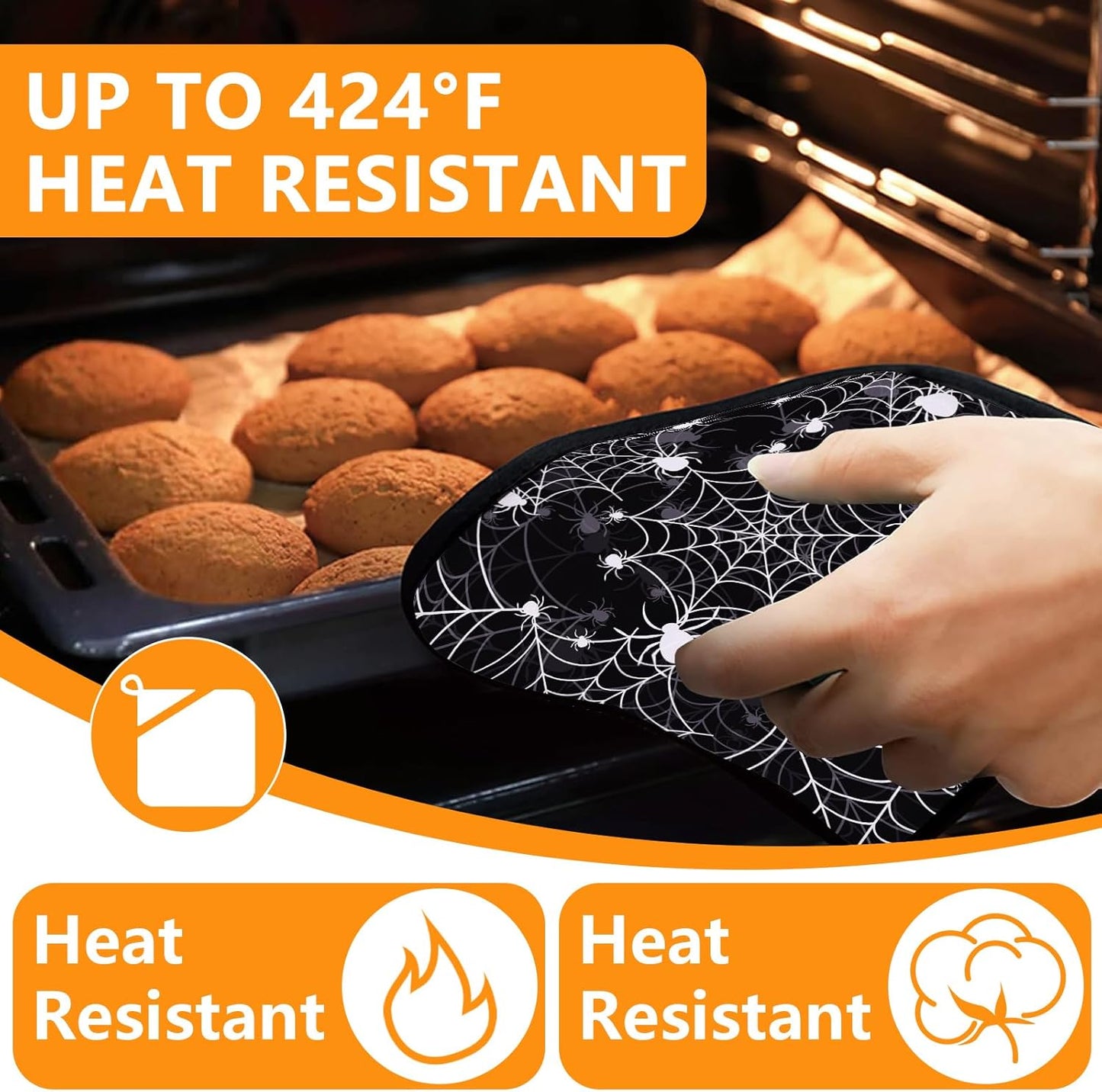 Spider Web Oven Mitts and Pot Holders Sets 4Pcs,Extra Long Oven Gloves Potholder for Kitchen Cooking Baking BBQ 100% Cotton Heat Resistant