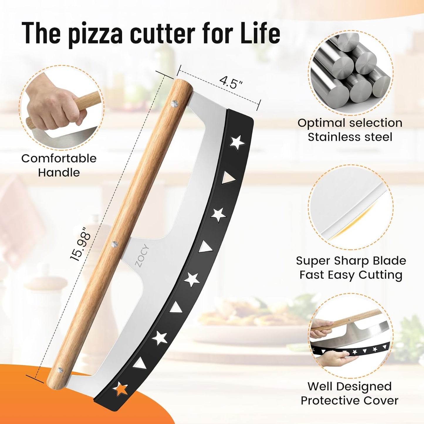 Pizza Cutter Rocker with Wooden Handles & Protective Cover by Zocy, 16" Sharp Stainless Steel Pizza Slicer Wheel, Big Pizza Knife Cutters for Kitchen Tool (16inch)