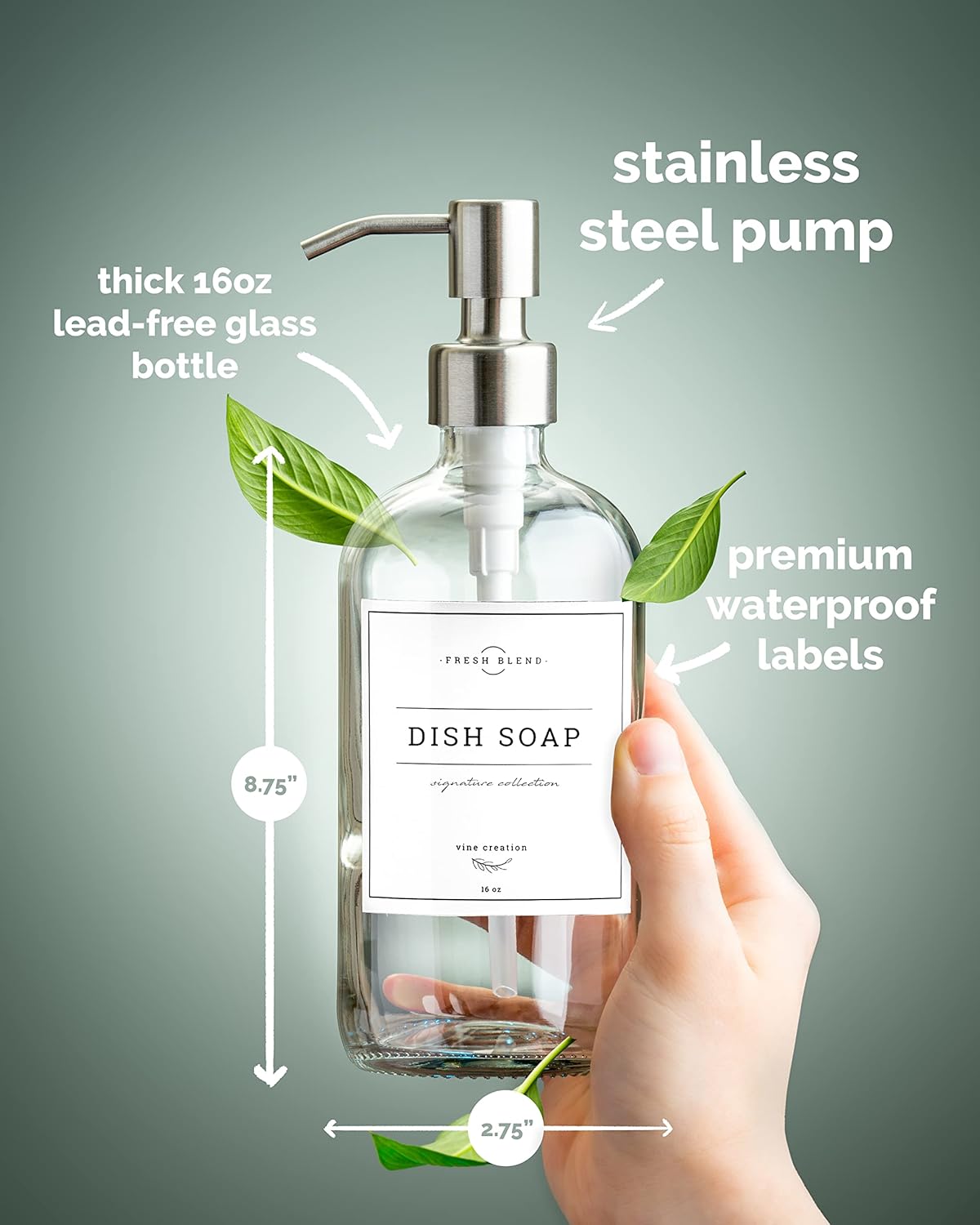 Vine Creations Clear Glass Soap Dispenser, 2 Pack Kitchen Soap Dispenser Set with Stainless Steel Pump, 16 oz Hand Soap or Dish Soap for Bathroom or Kitchen with Waterproof Labels