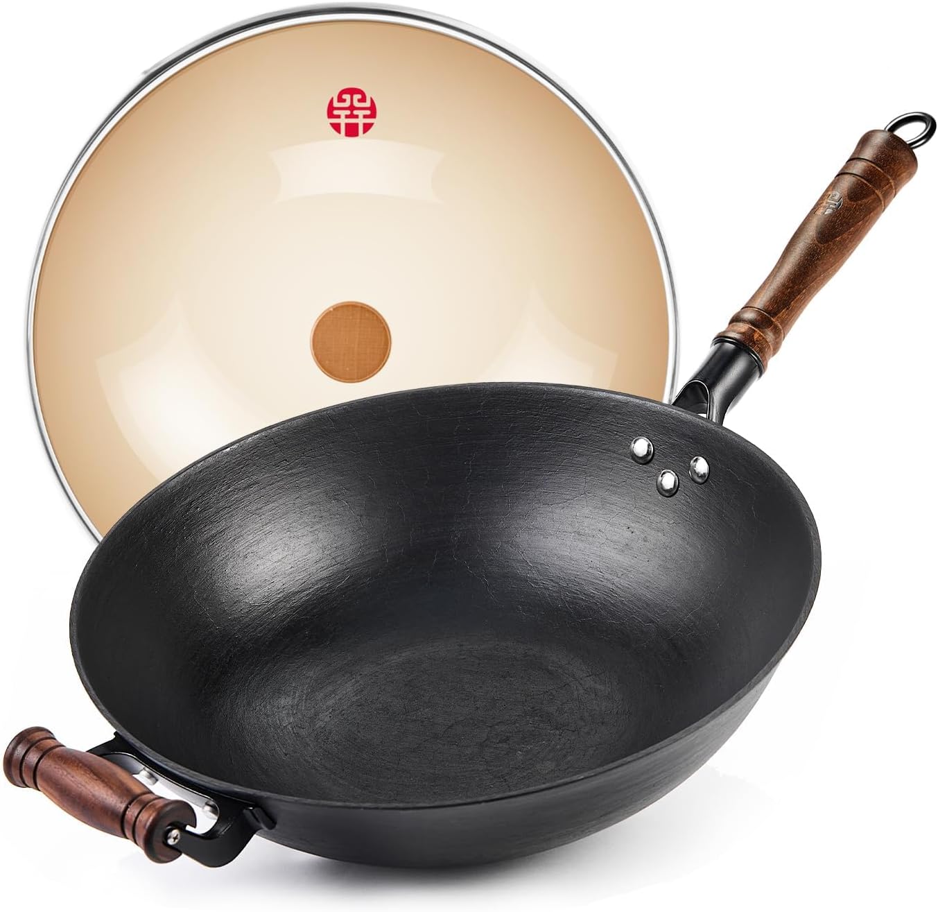 WANGYUANJI Cast Iron Wok,14.1 inch Flat Bottom Wok with Glass Lid,Suitable for All Cooktops, Uncoated Craft Pot Healthy Cooking Pot