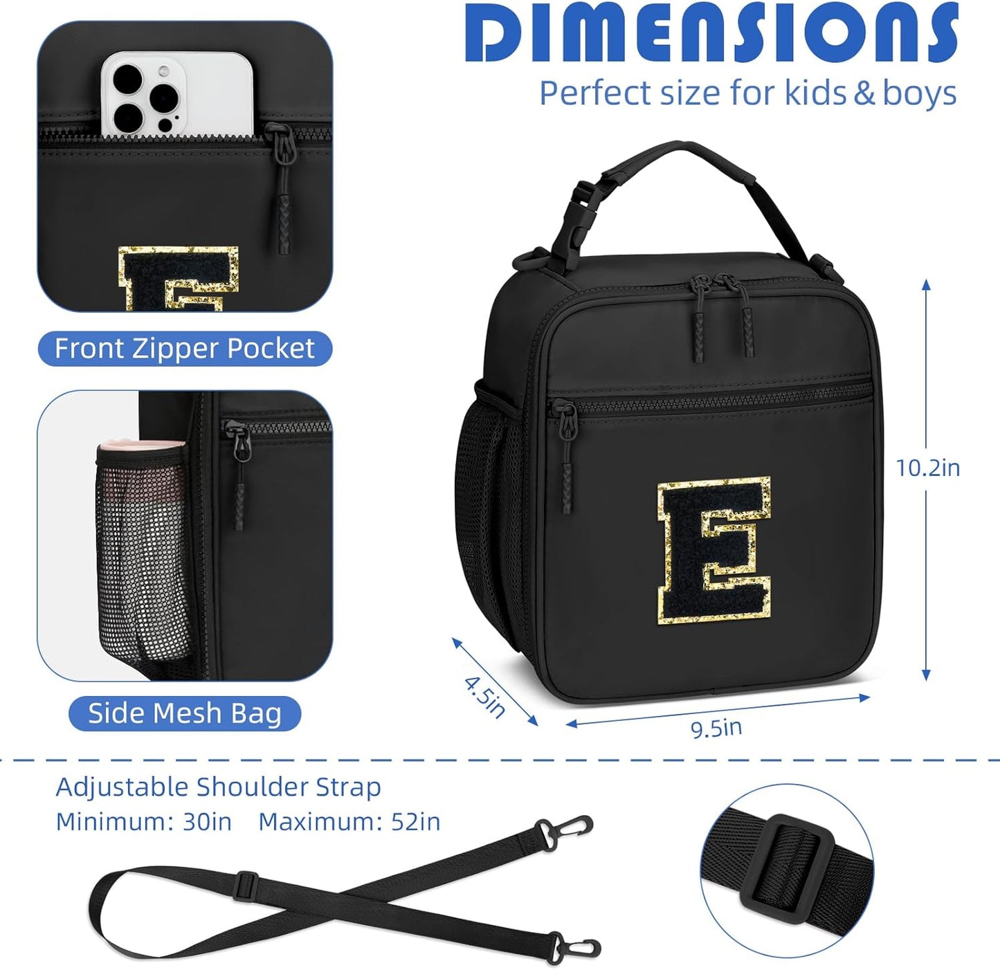 Initial Insulated Lunch Bag for Boys Kids, Back to School Gift, Reusable Leak-proof Lunch Box with Adjustable Strap for School Daycare Travel Picnic（Black，E）