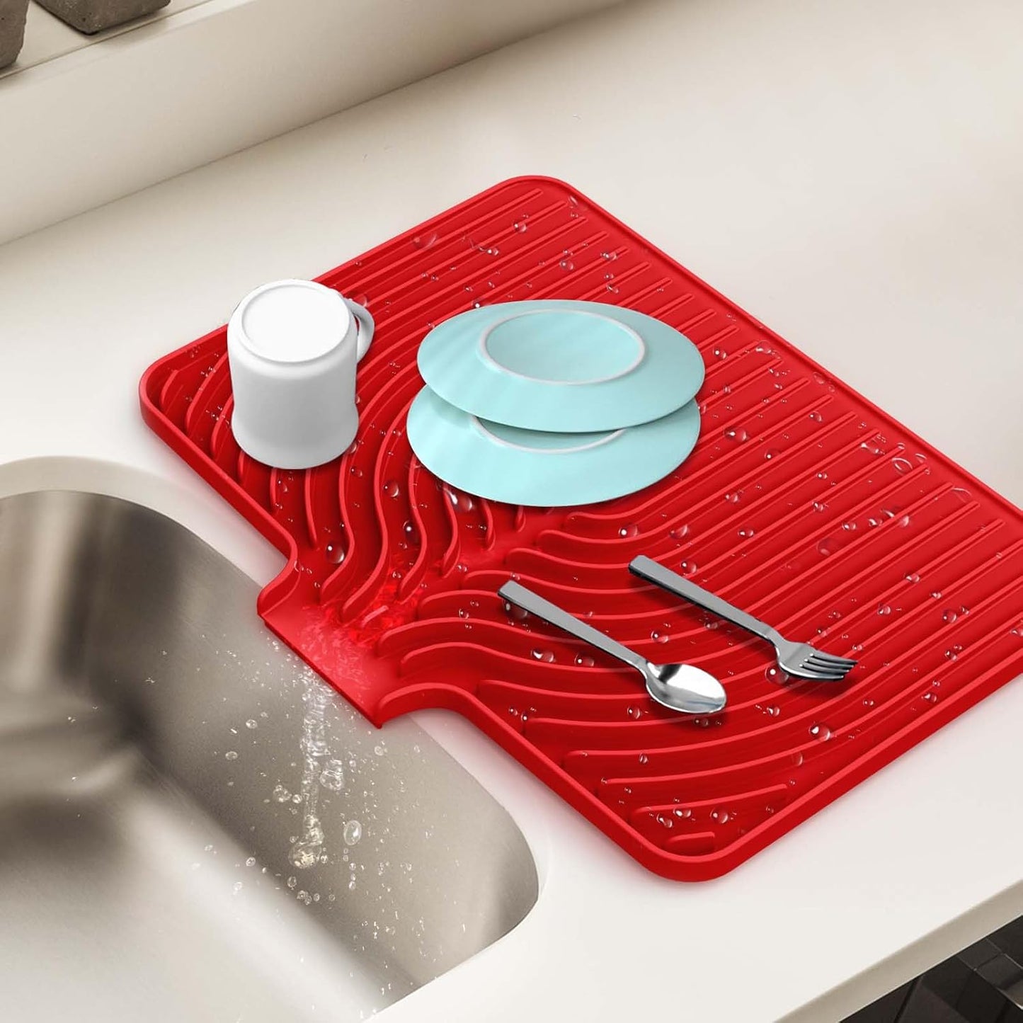 Silicone Dish Drying Mat for Kitchen Counter with Built-in Drain, Easy Clean Pad for Countertop Protection, Fast Self-Draining Slope, Non-Slip, Multiple Use 17.7 x 11.8 Inch ( Red)