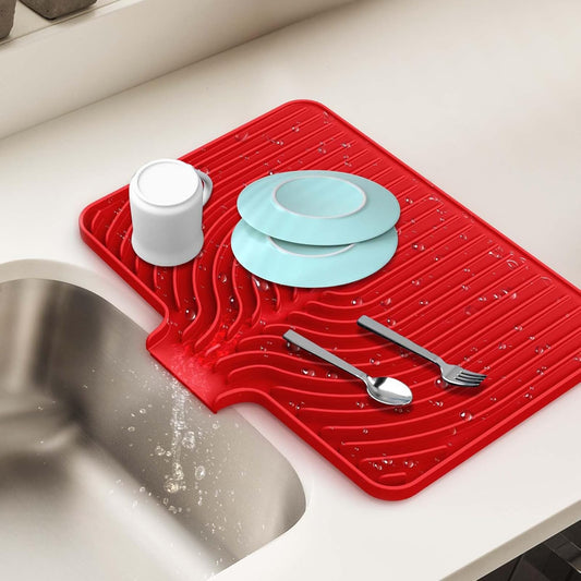 Silicone Dish Drying Mat for Kitchen Counter with Built-in Drain, Easy Clean Pad for Countertop Protection, Fast Self-Draining Slope, Non-Slip, Multiple Use 17.7 x 11.8 Inch ( Red)