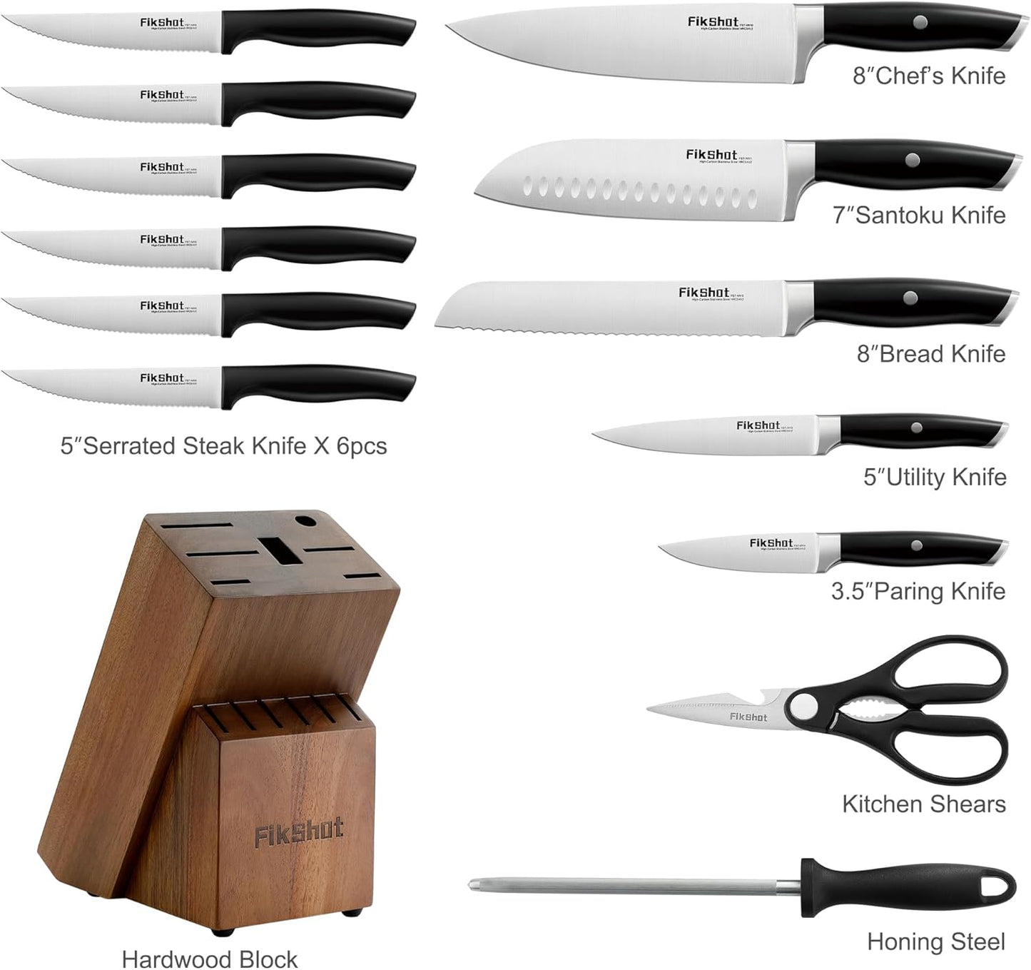 Knife Block Set, FIKSHOT Kitchen Knife Sets, High Carbon Stainless Steel Full Tang Knife set, Razor-Sharp Blade Rust Resistant, Professional Chef's Knife for Home Cooking (BLACK)