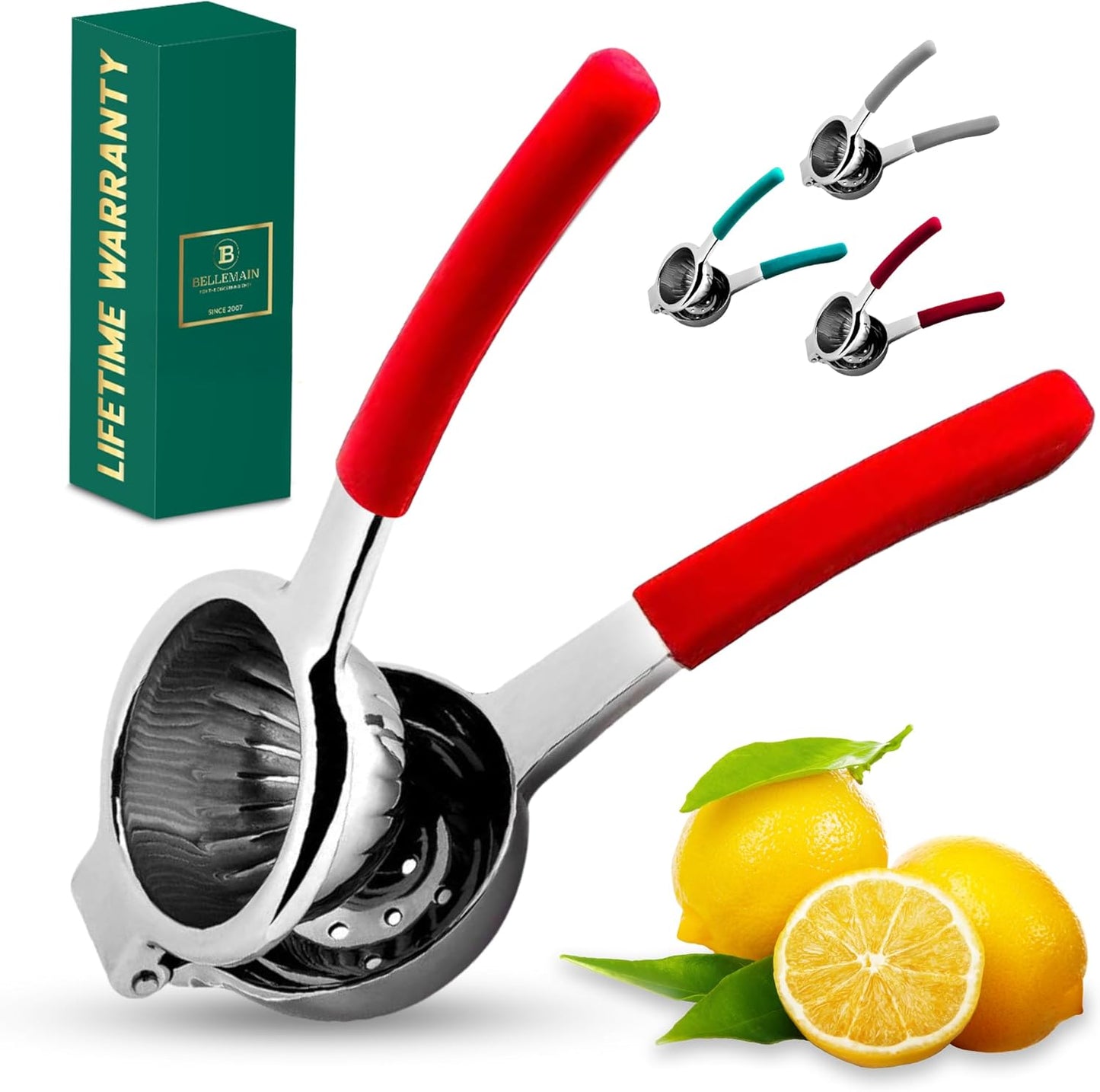Bellemain Citrus Juicer | Metal Lemon Squeezer | Lime and Lemon Juicer Stainless Steel with Silicone Handles | Manual Juicer, Citrus Squeezer, Hand Held Juicer | Bar Juicer for Bartender (Cranberry)