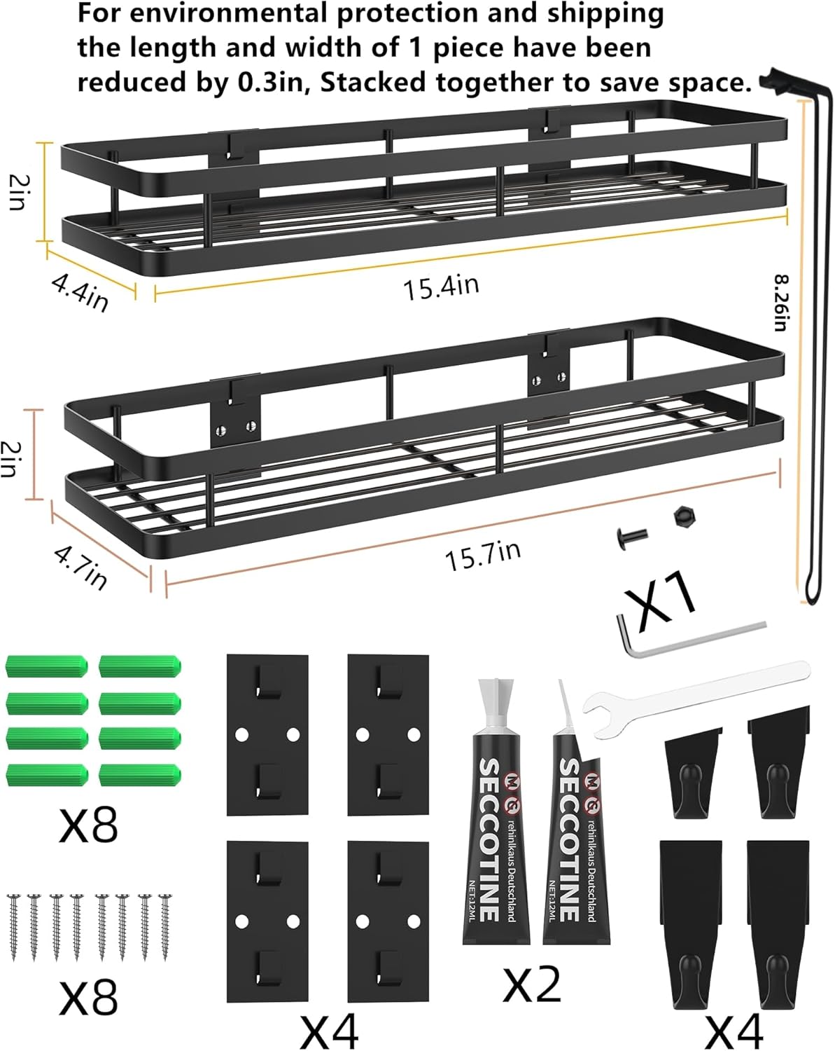 Spice Rack Organizer Wall Mount - 15.7in 2Pack [Upgraded Version] Hanging Seasoning Organizer Shelf with Paper Towel Holder, Storage for Cabinet or Wall Mounted with 4 Strong Hooks (Simple black)