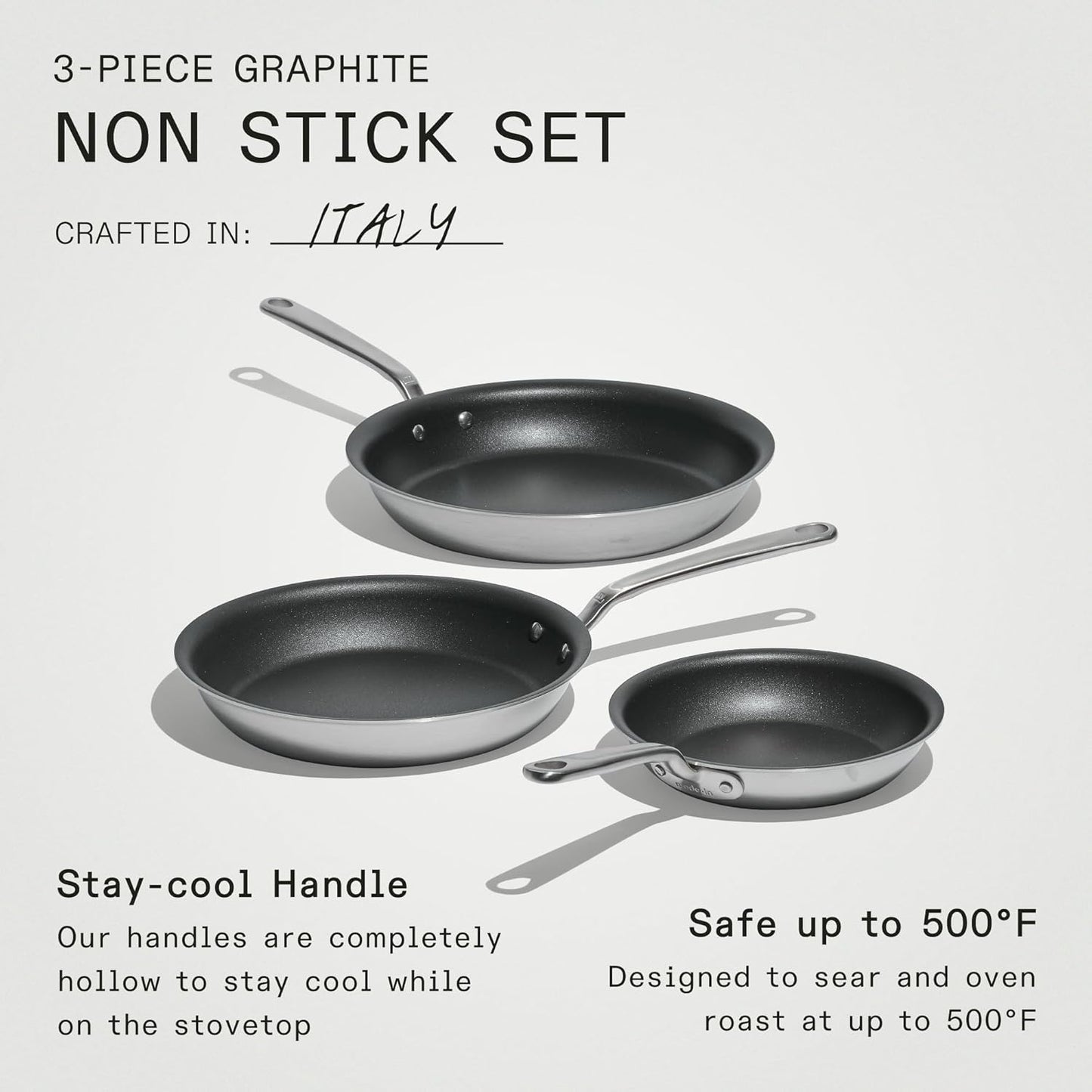 Made In Cookware - ProCoat Non Stick 3 Piece Frying Pan Set (Includes 8",10",12") - 5 Ply Stainless Clad - Professional Cookware - Crafted in Italy - Induction Compatible - (Graphite)