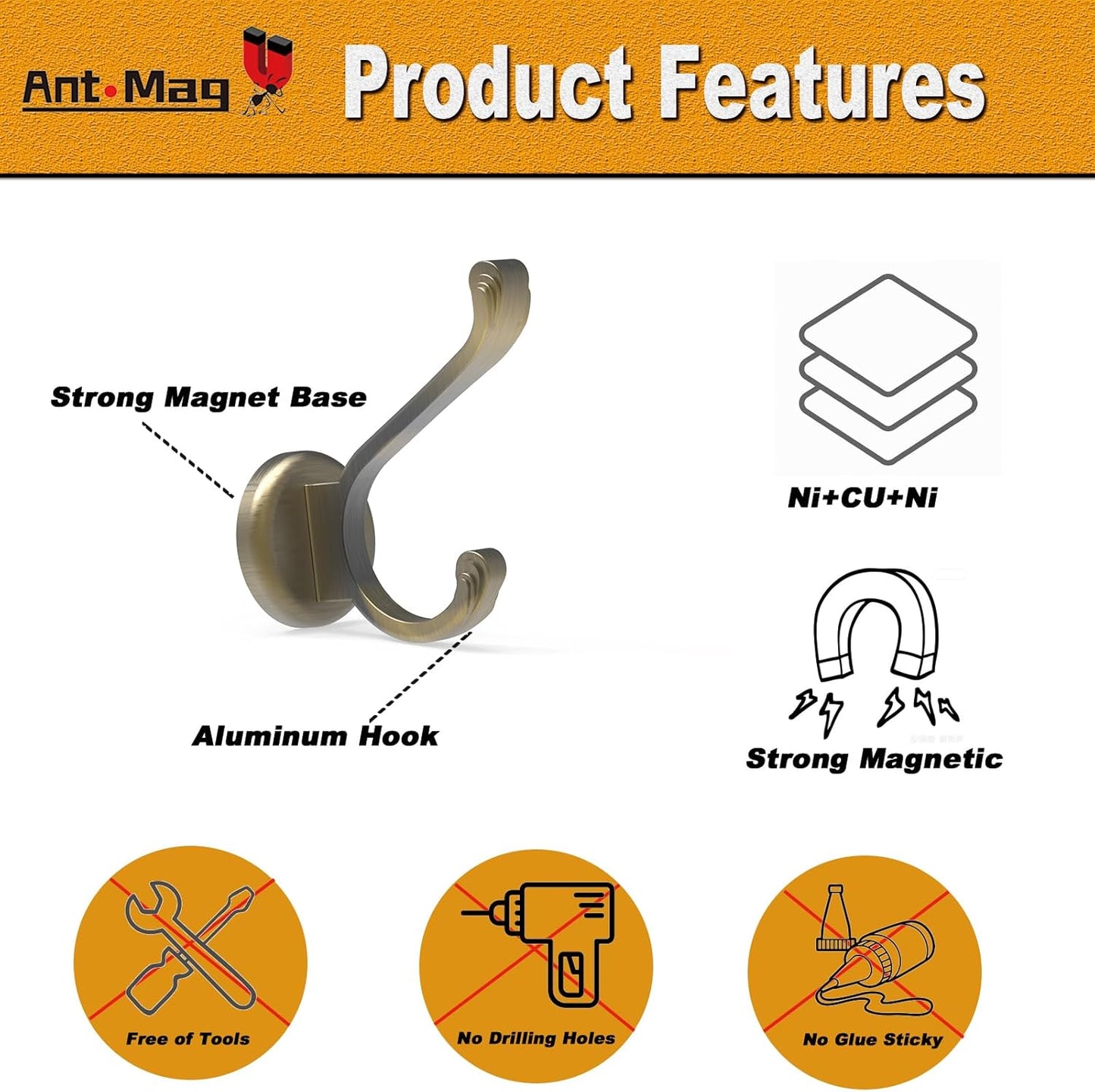 Ant Mag Magnetic Hooks Heavy Duty 141lbs Neodymium Magnet Metal Wall Hooks for Hanging Coats Robes Backpacks Bags Hats Keys Mugs Cups Towels Bronze