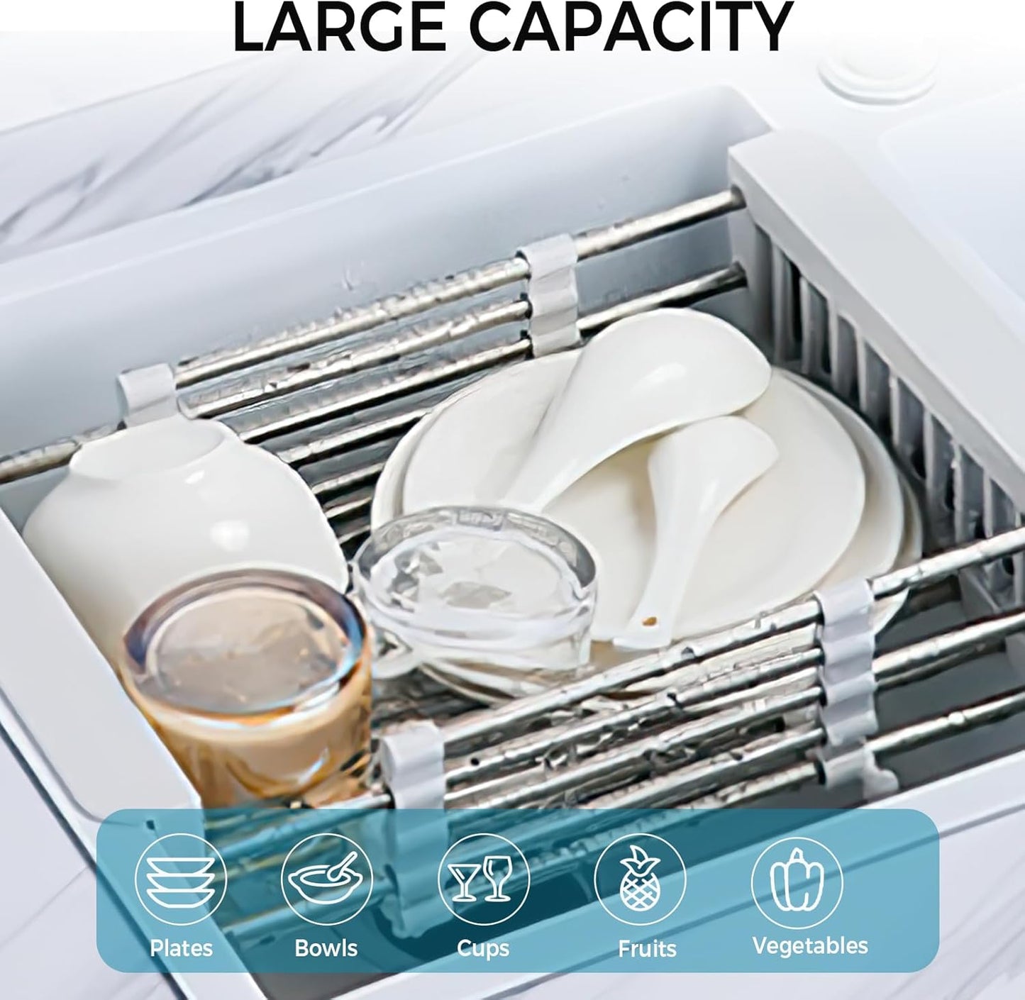 COVRA Over Sink Dish Drying Rack, Stainless Steel Drainer for 11"-19" Sinks, Kitchen Countertop Organizer for Dishes, Vegetables, and Fruits (Gray)