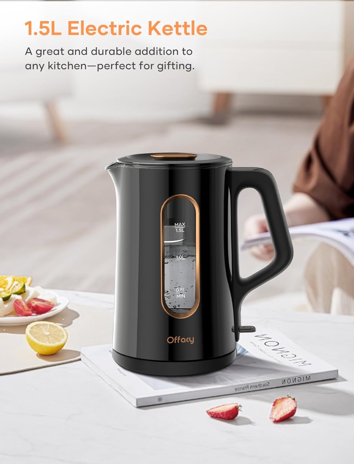 Offacy Electric Kettle, Tea Kettle Pot, Double Wall Glass Inner 1.5L/1200W, Hot Water Kettle Teapot Boiler & Heater with Automatic Shut Off, BPA-Free & LED Indicator Lights, Black
