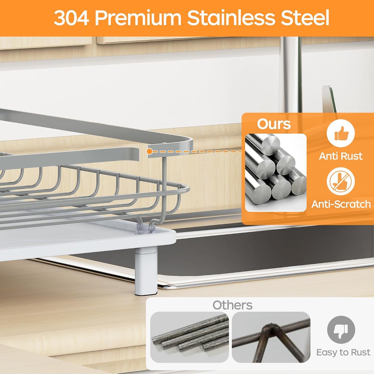 Dish Drying Rack, Stainless Steel Rustproof Dish Rack for Kitchen Counter, Sturdy Dish Drainer with Drainboard, Drainage, Utensil Holder for Various Kitchenware, 16.2"(L) x 12.6"(W), Grey