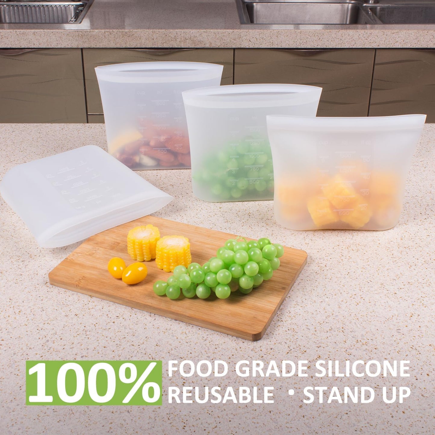 Large Reusable Food Bags 4 Pack, 1.5 Quart(50.7fl.oz) 100% Silicone Storage Bags Stand Up Zip Silicone Food Container, Freezer Microwave Oven Dishwasher Safe, Translucent