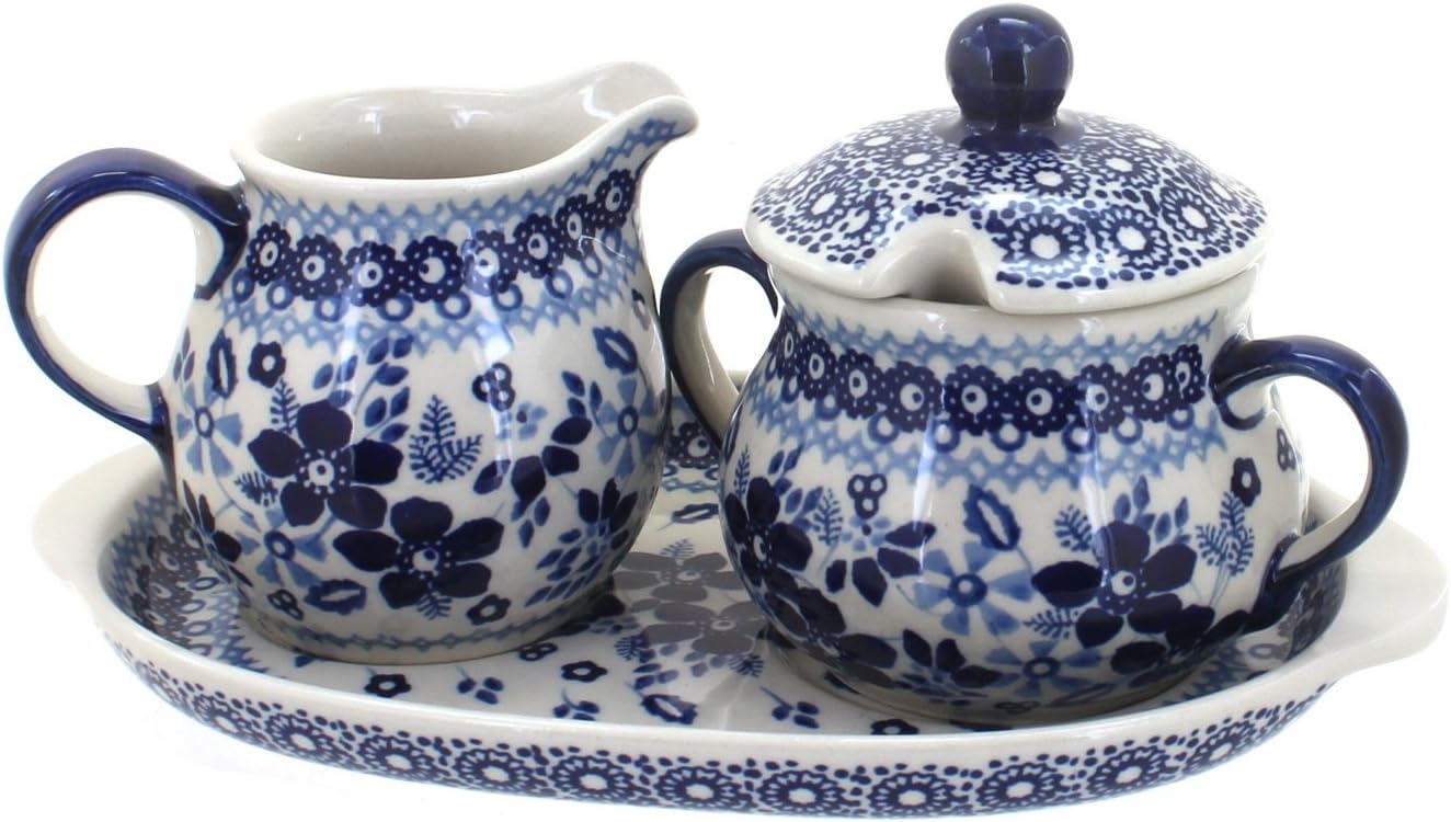 Blue Rose Polish Pottery Vintage Blue Daisy Sugar & Creamer with Tray