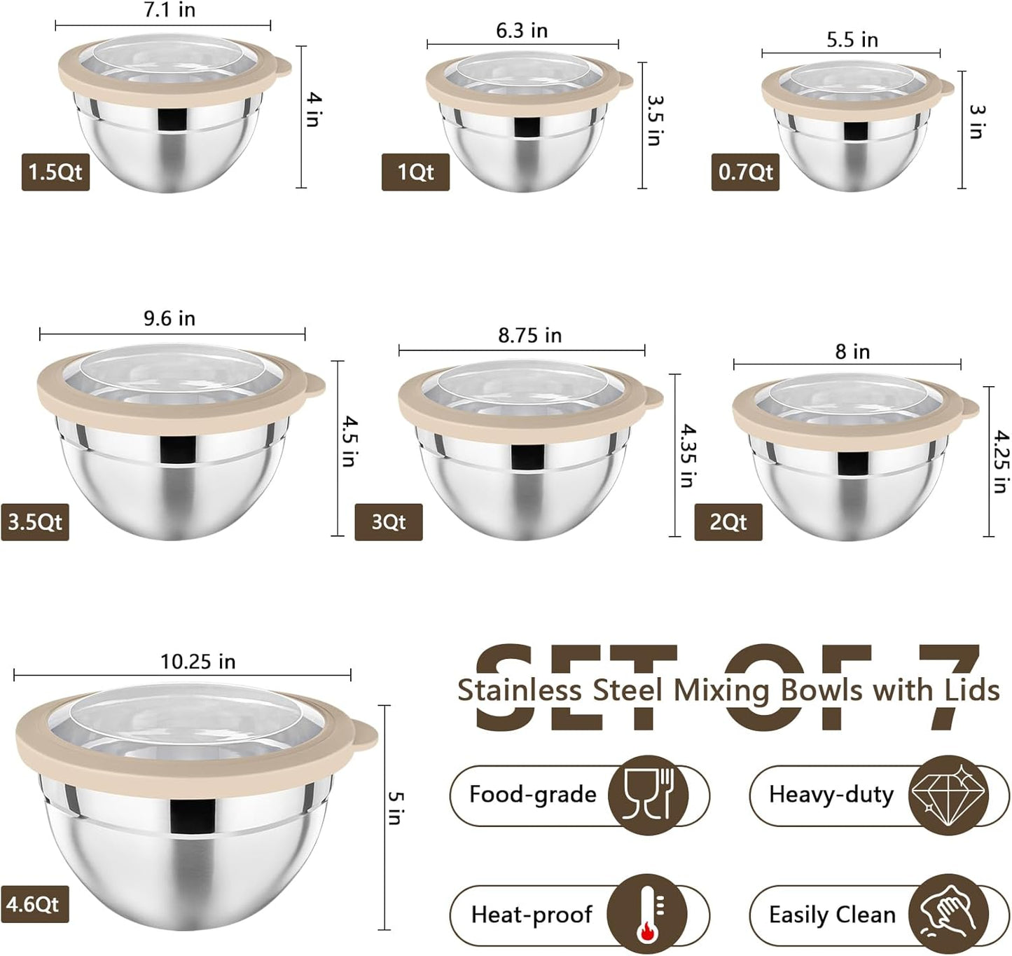 P&P CHEF Mixing Bowl with Lid Set of 7, Stainless Steel Nesting Salad Bowls for Cooking Serving Prepping, Clear Lids & Stackable Design, Size 4.6, 3.5, 3, 2, 1.5, 1, 0.7 Qt - Khaki