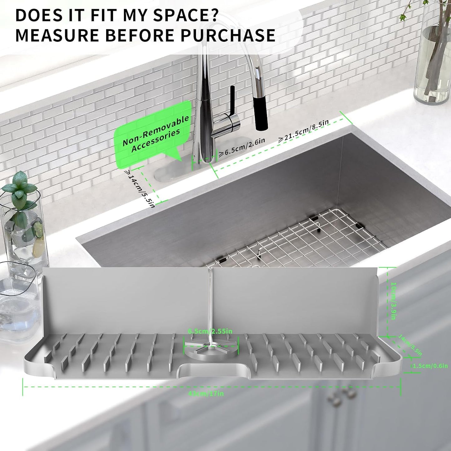 LVJING 17” x 5.5” Silicone Faucet Handle Drip Catcher Tray Mat, Silicone Faucet Mat Dish Soap Sponge Holder for Kitchen Sink, Drying Mat for Kitchen Counter Bathroom Kitchen Sink Splash Guard - Grey