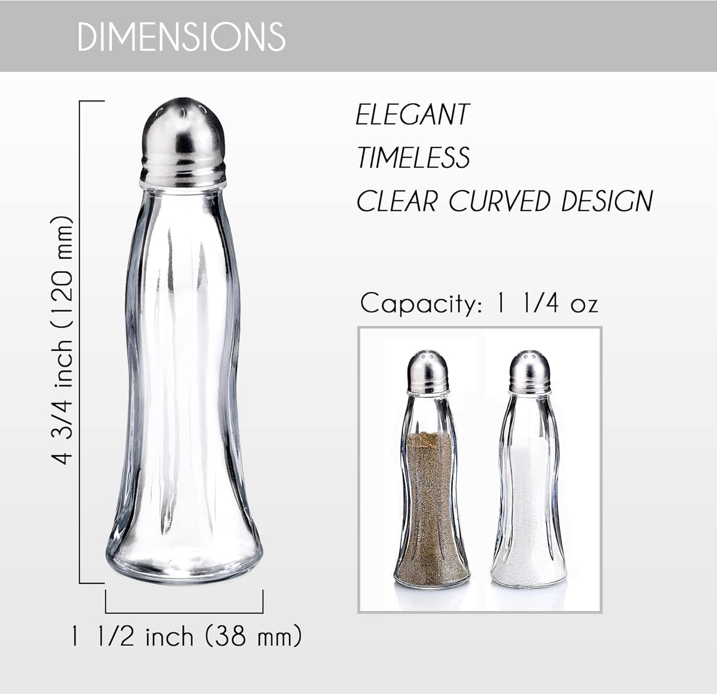 Salt and Pepper Shakers Glass Set, Clear Curved Design, Classic Restaurant Style, Glass Body with Stainless Steel Lids, 4.7 in